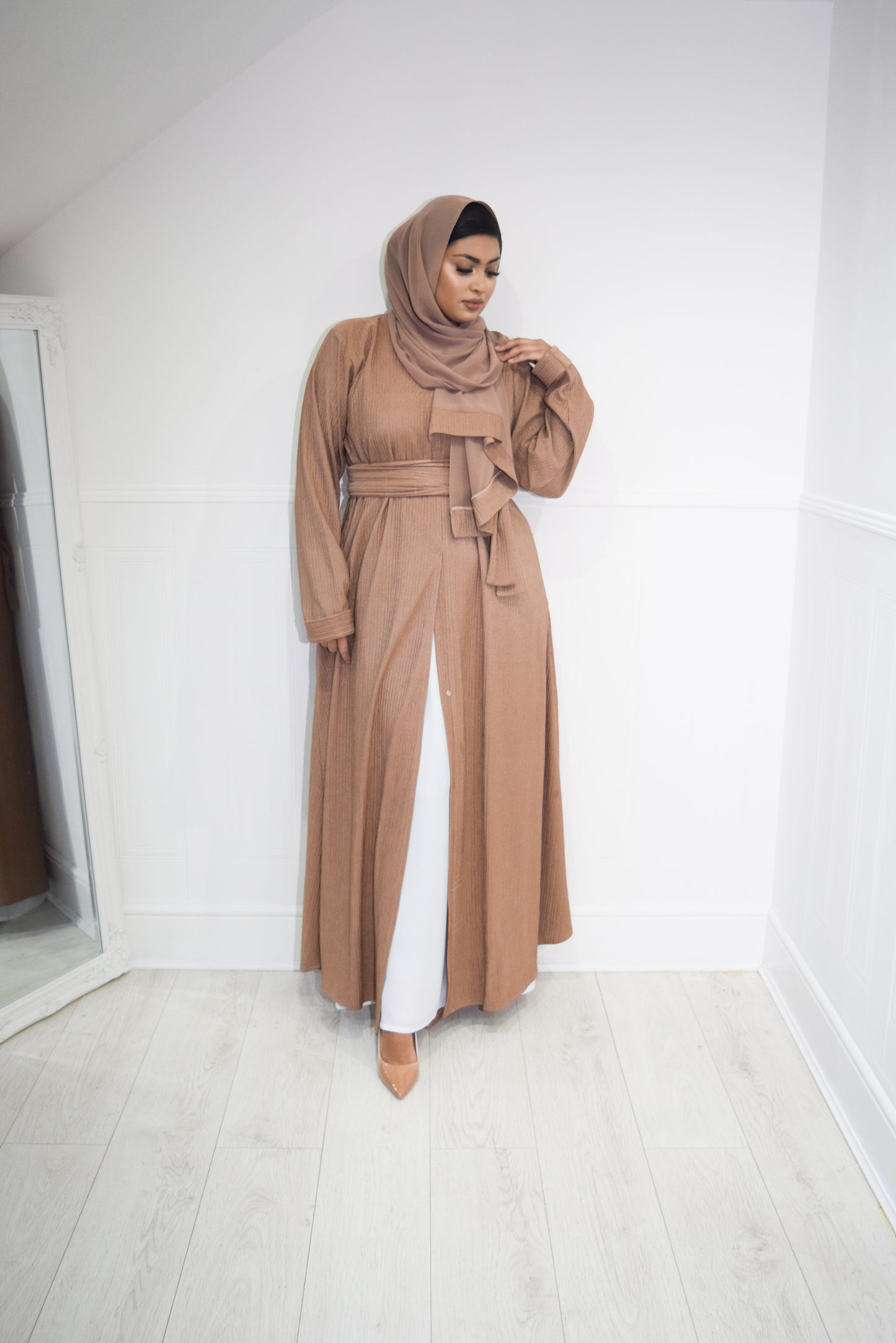 Zaiba textured Open A-line Abaya Jacket with pockets in Camel Tan