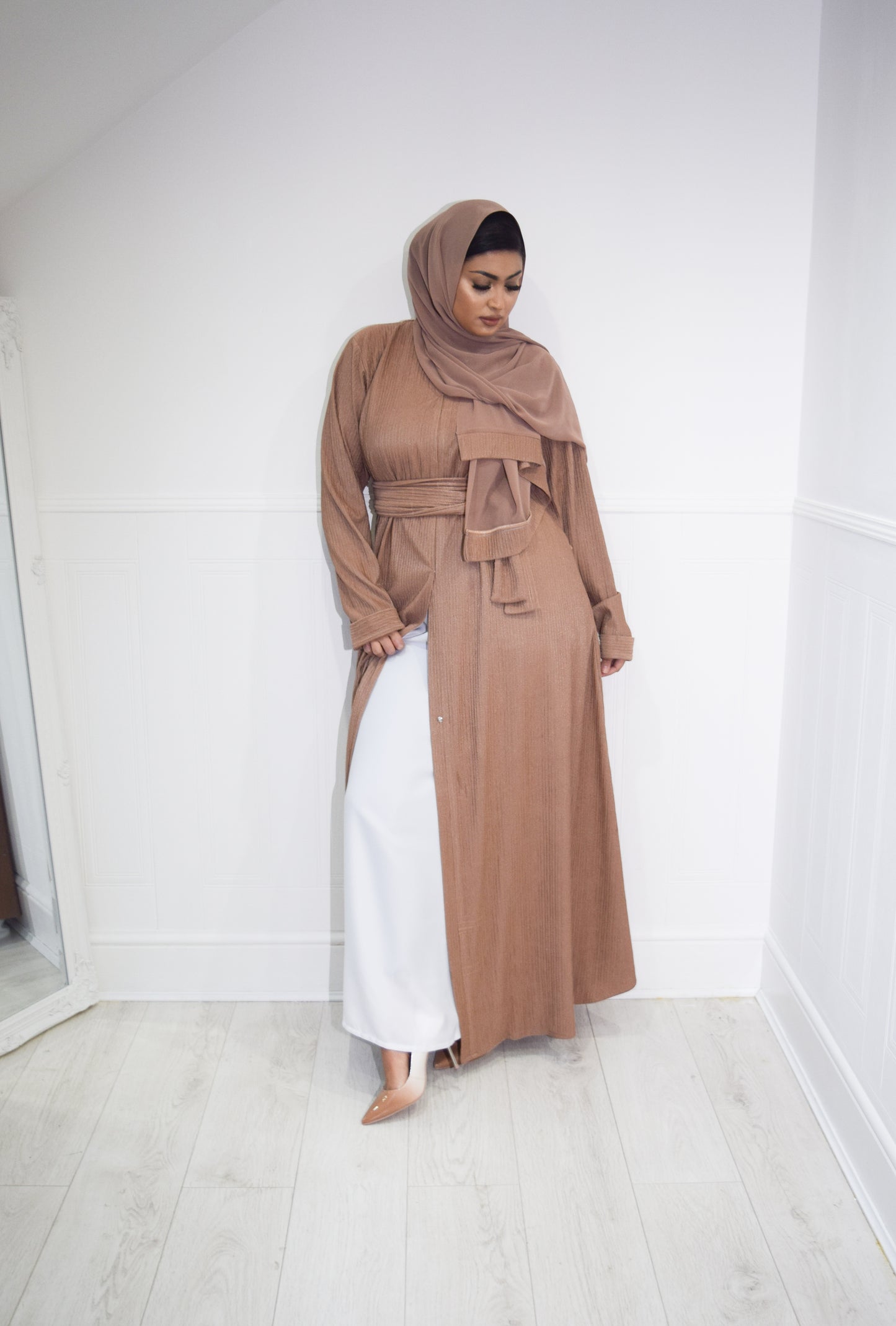 Zaiba textured Open A-line Abaya Jacket with pockets in Camel Tan