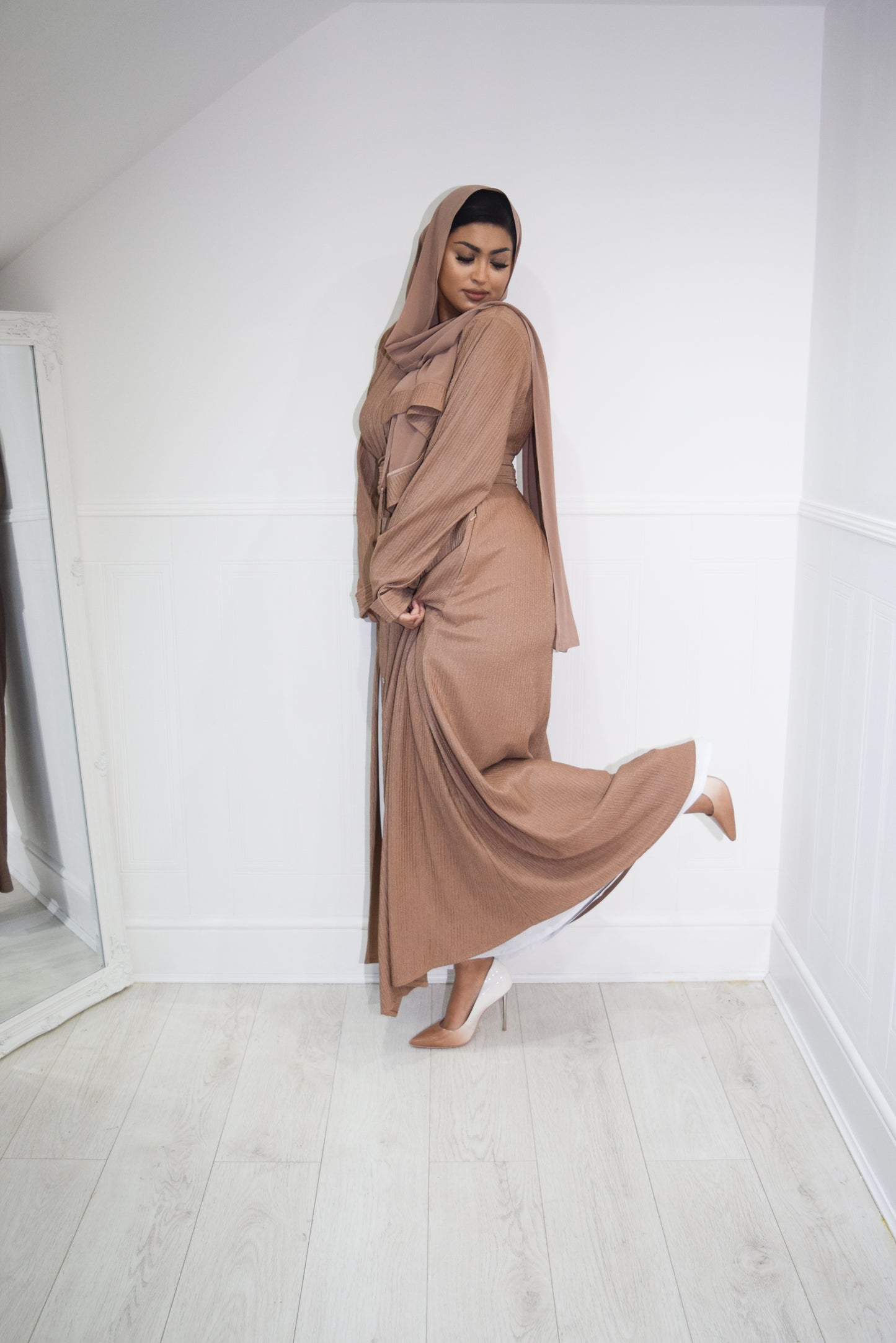 Zaiba textured Open A-line Abaya Jacket with pockets in Camel Tan