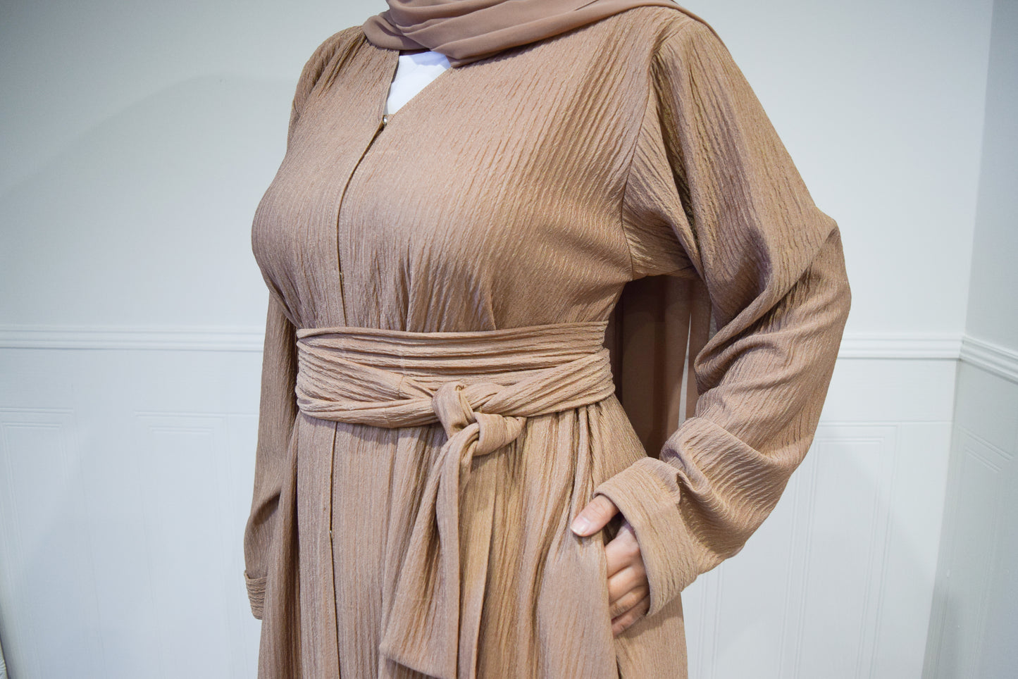 Zaiba textured Open A-line Abaya Jacket with pockets in Camel Tan