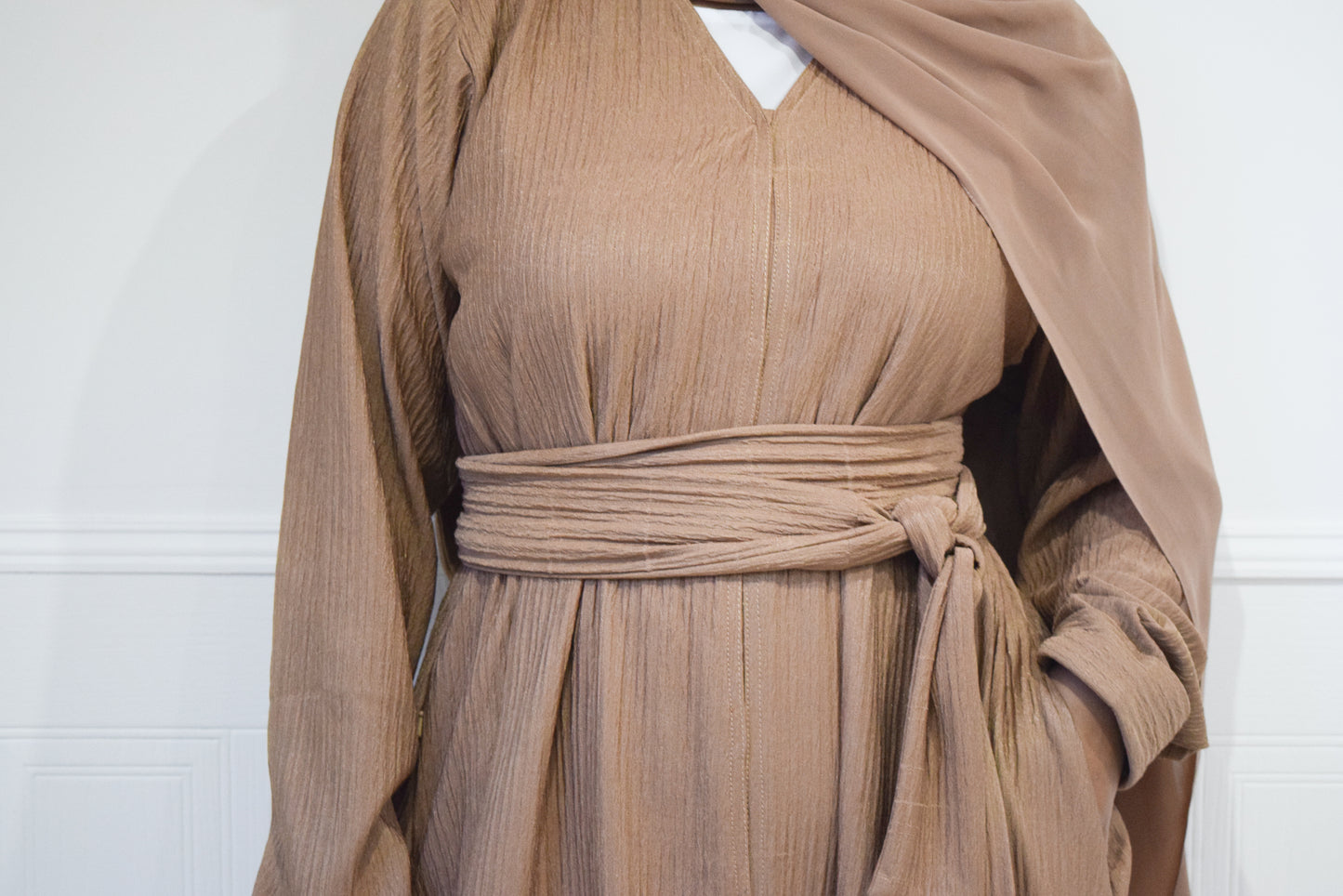 Zaiba textured Open A-line Abaya Jacket with pockets in Camel Tan