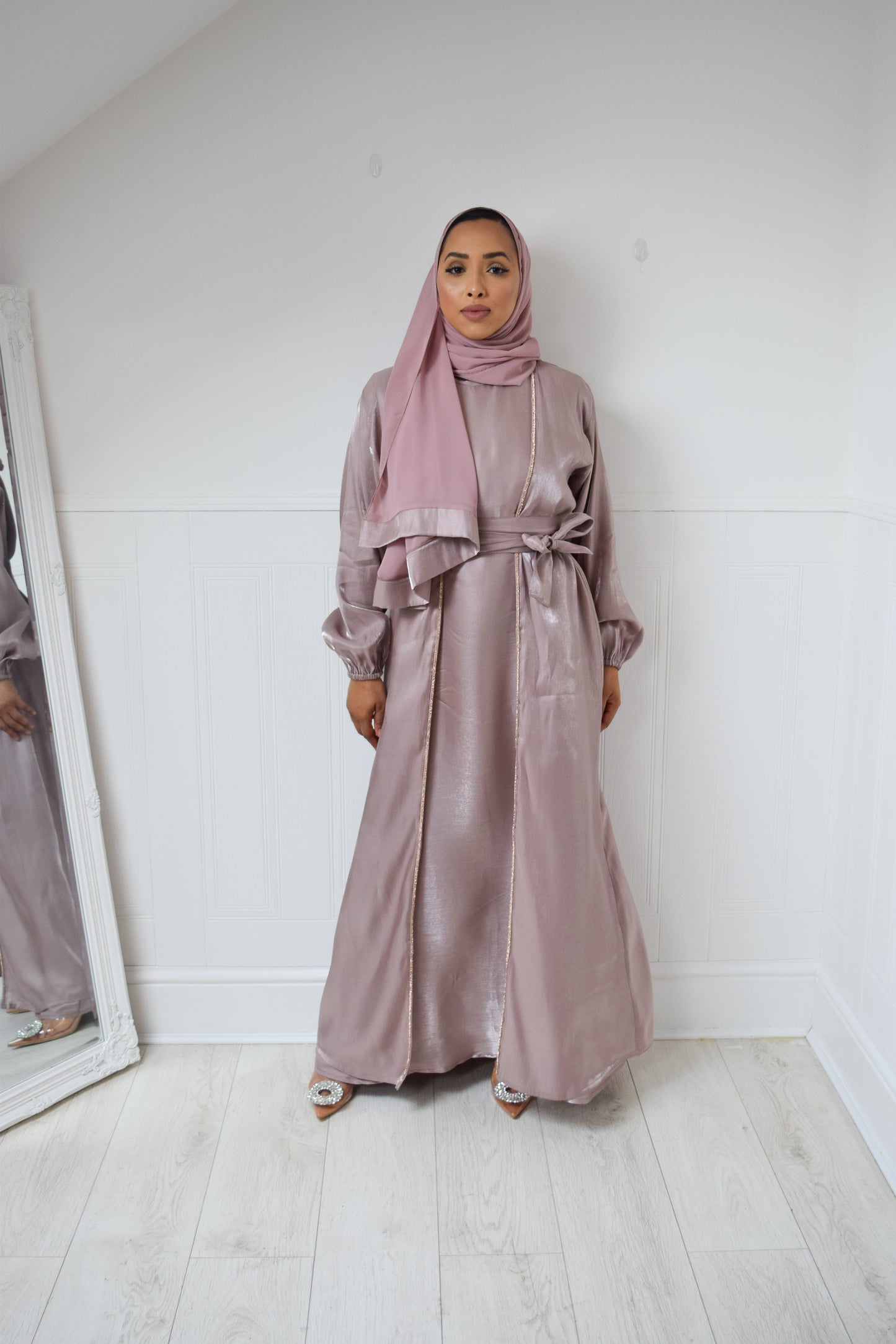 Malak Twin abaya set in shimmer Pink and Silver trims