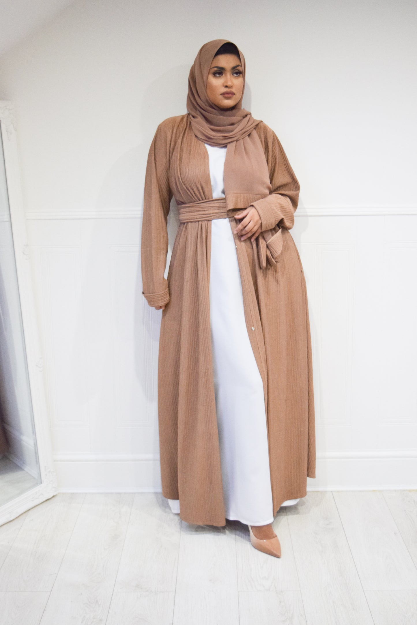 Zaiba textured Open A-line Abaya Jacket with pockets in Camel Tan