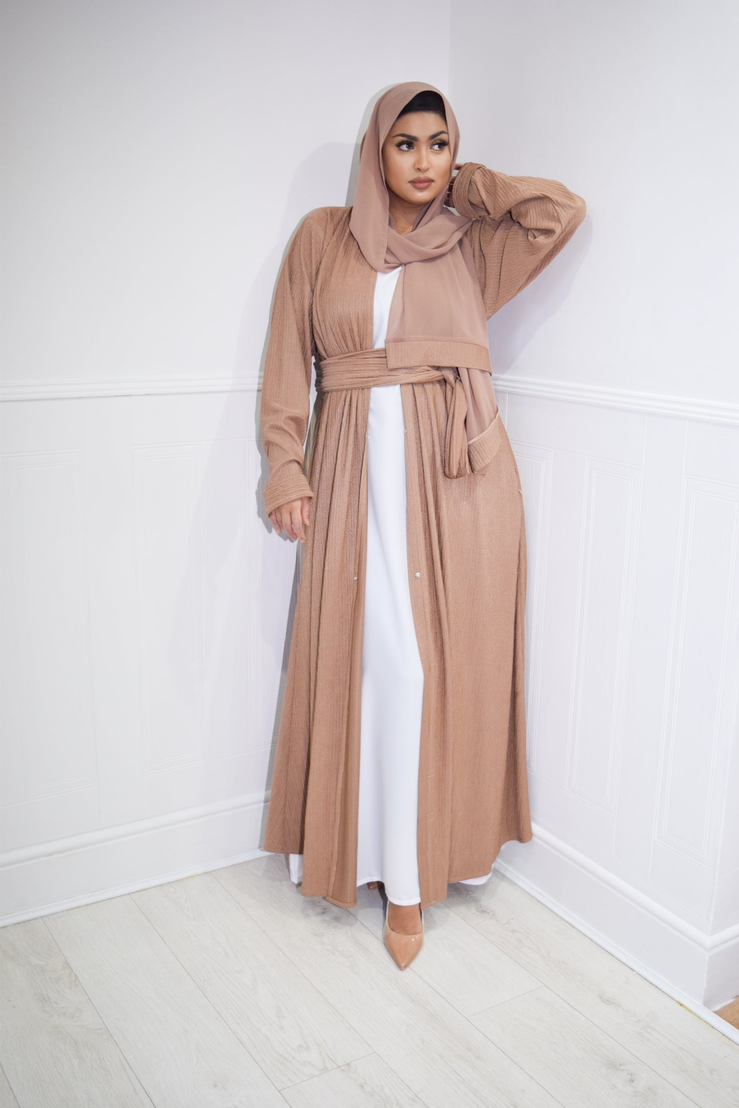 Zaiba textured Open A-line Abaya Jacket with pockets in Camel Tan