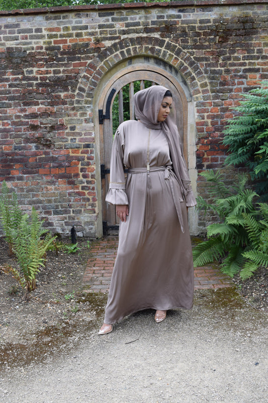 Shirin Satin Abaya with diamante and tassel embellishments Taupe