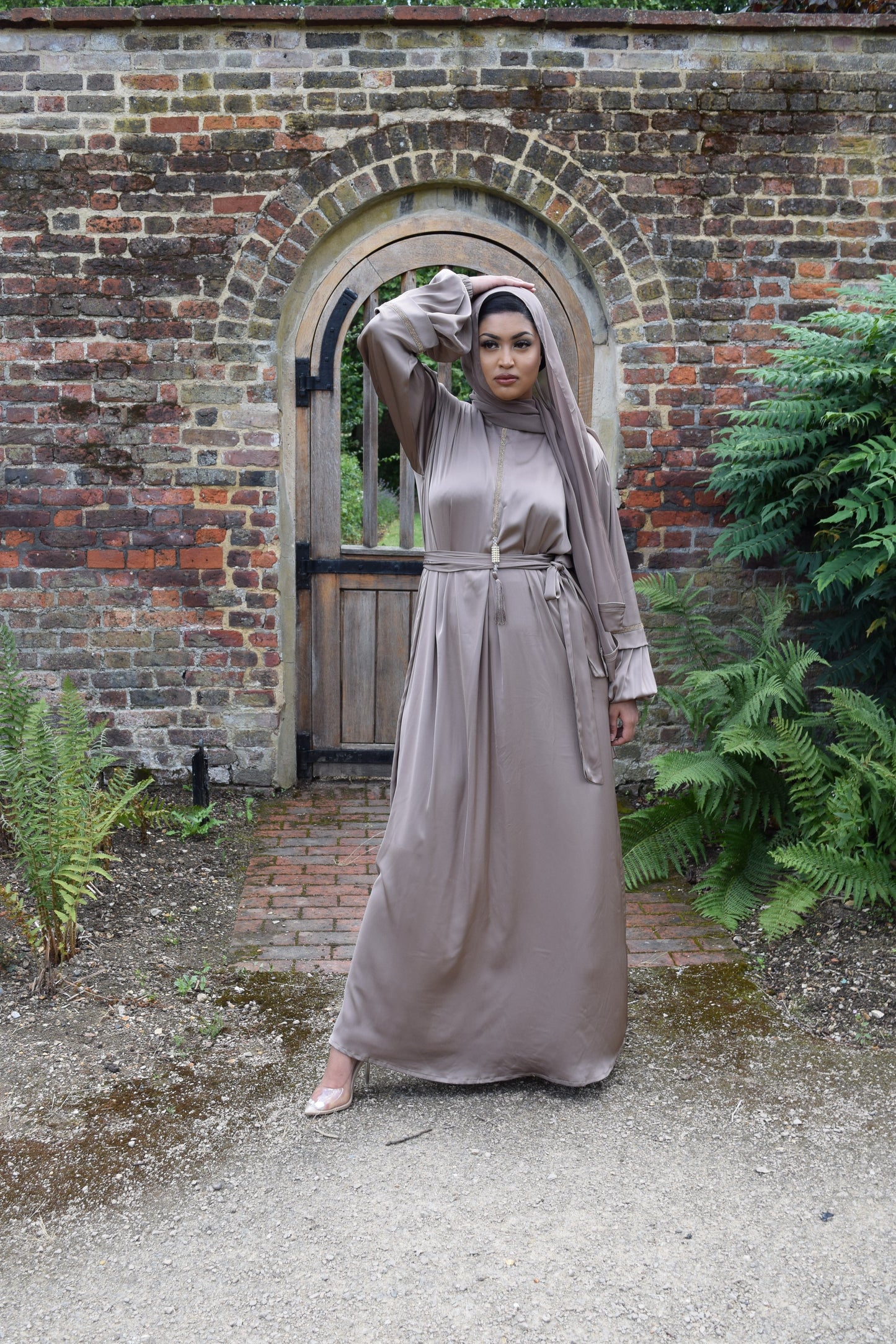 Shirin Satin Abaya with diamante and tassel embellishments Taupe