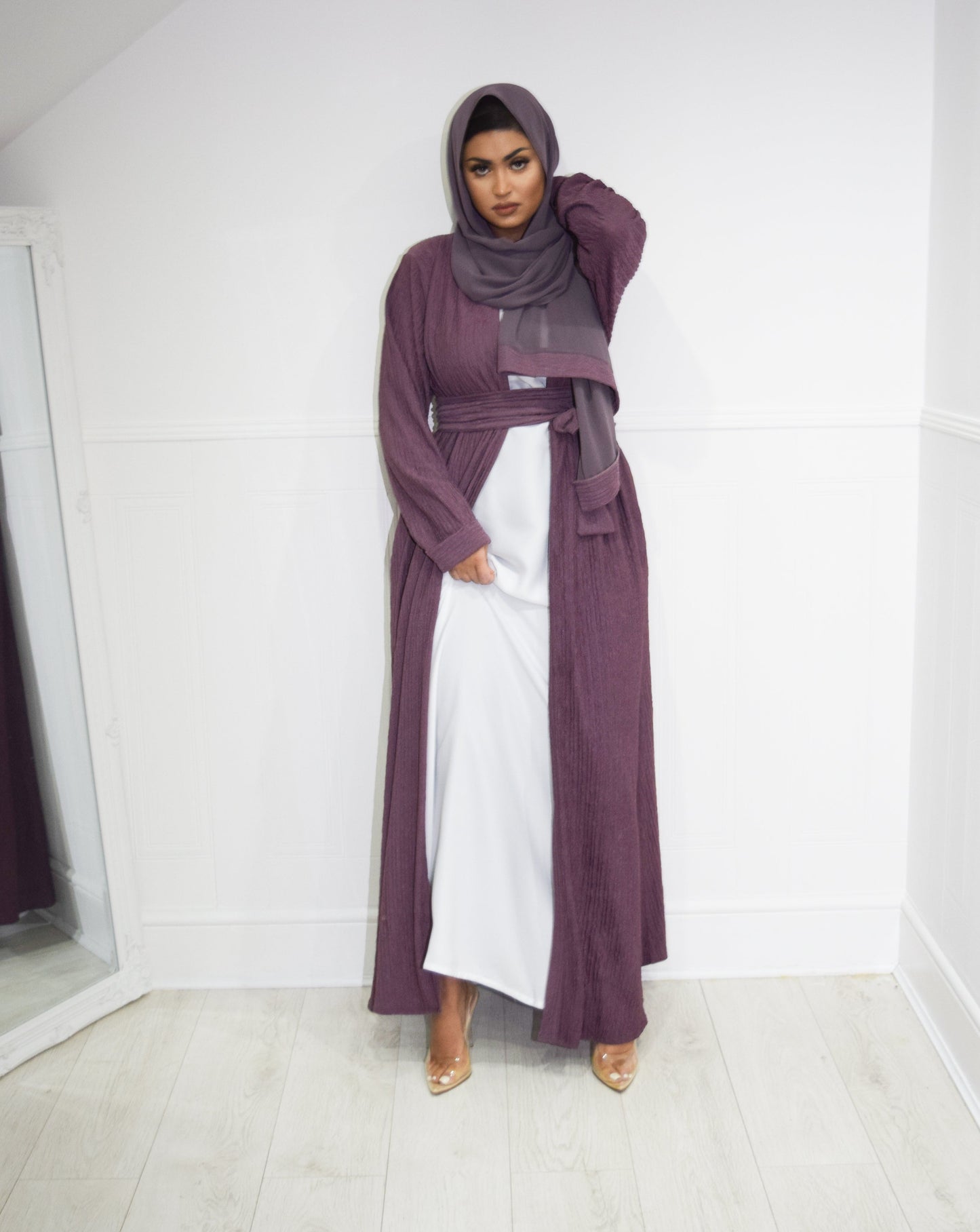 Zaiba textured Open A-line Abaya Jacket with pockets in Heather