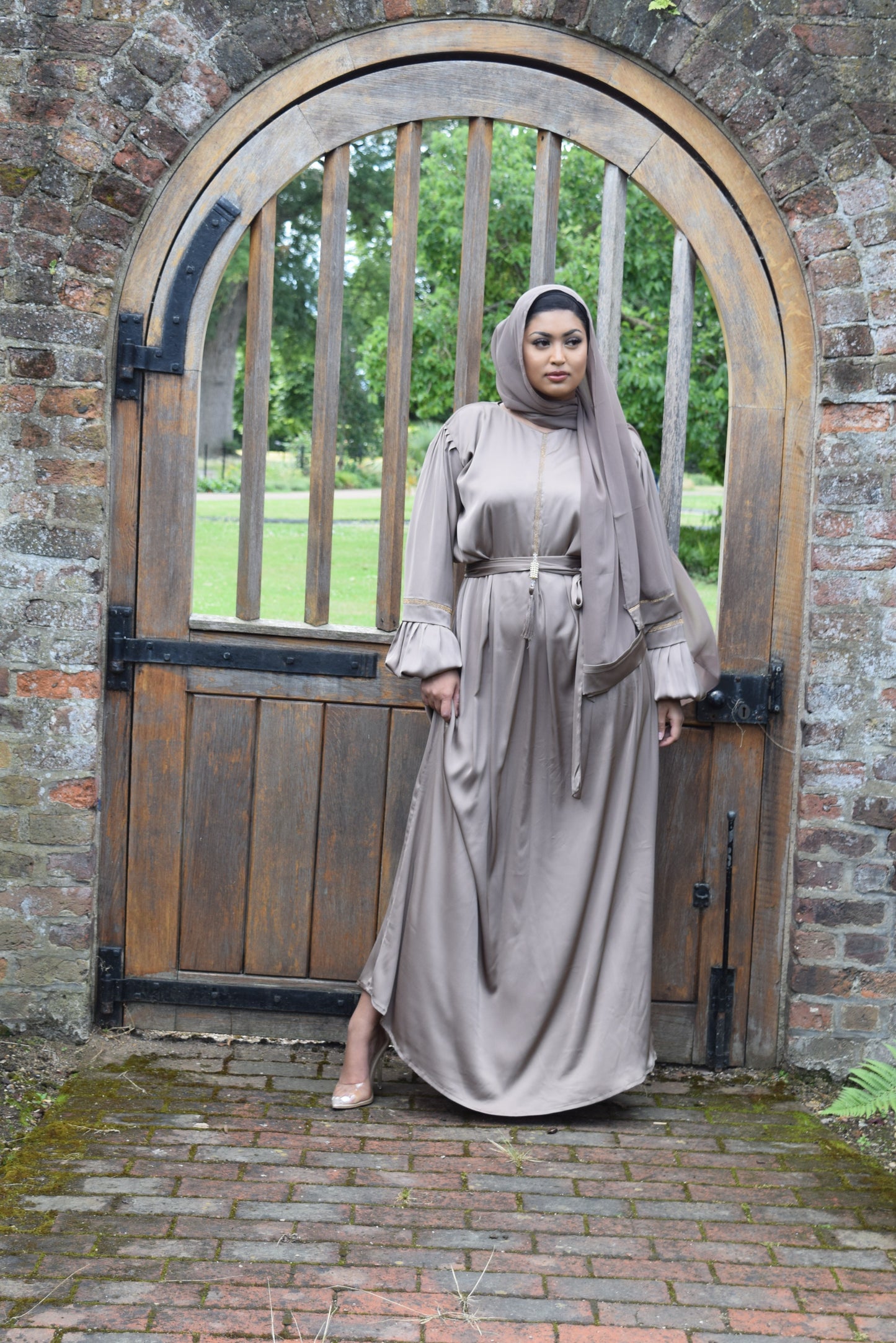 Shirin Satin Abaya with diamante and tassel embellishments Taupe