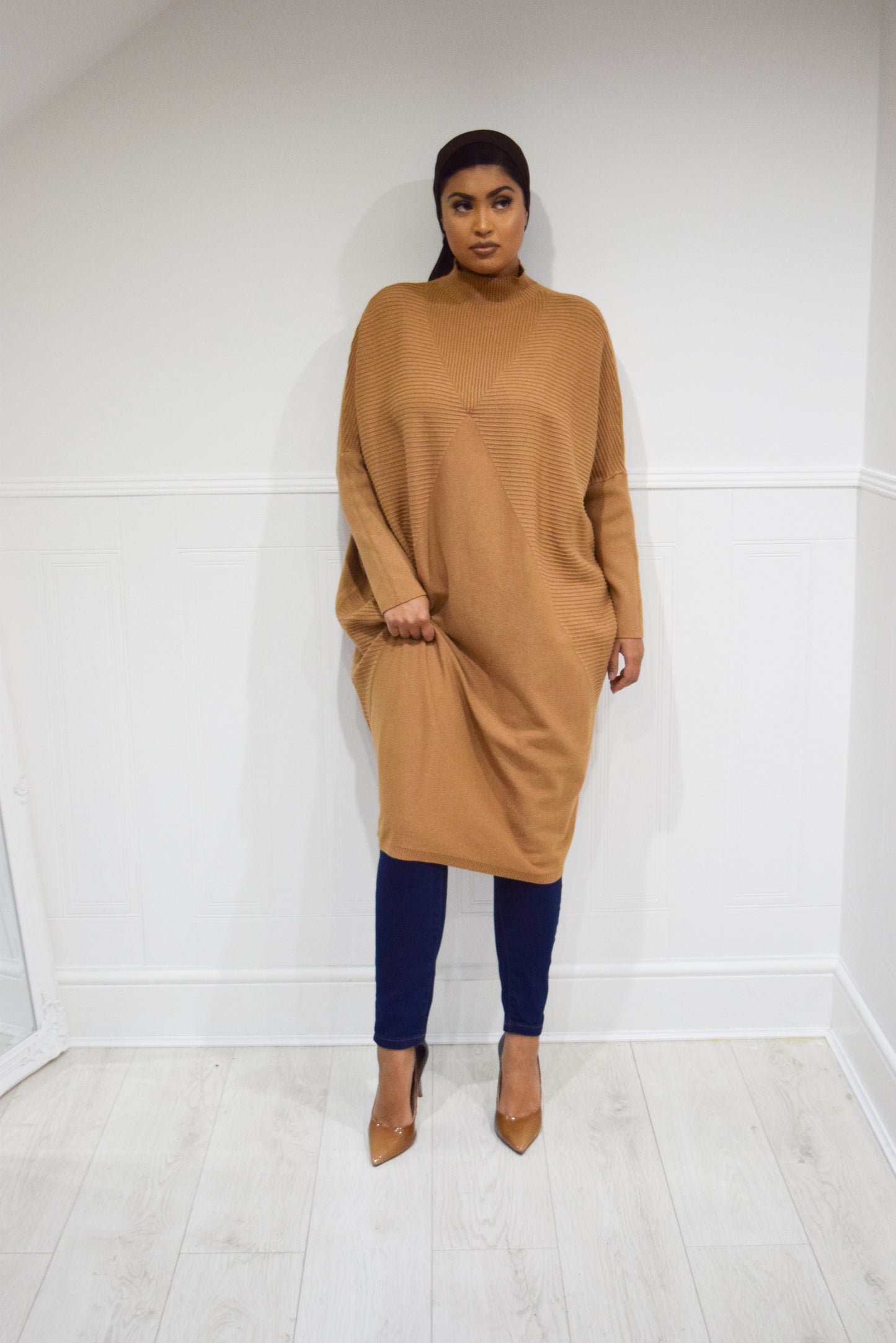 Batwing Knit Knee Jumper Tan