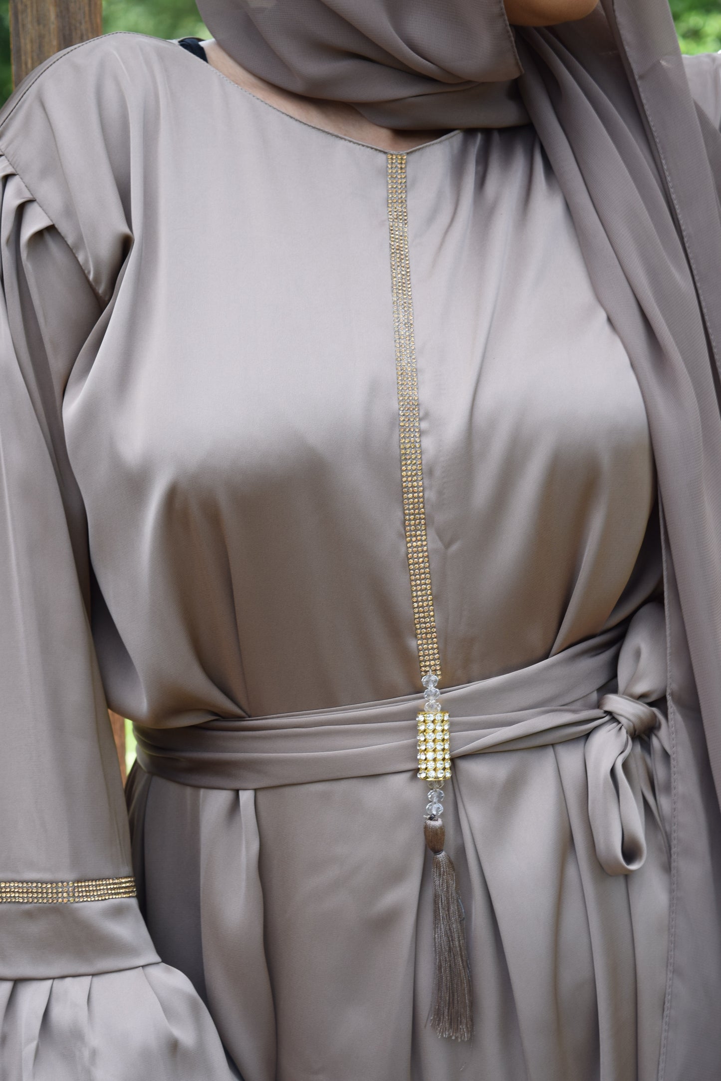 Shirin Satin Abaya with diamante and tassel embellishments Taupe