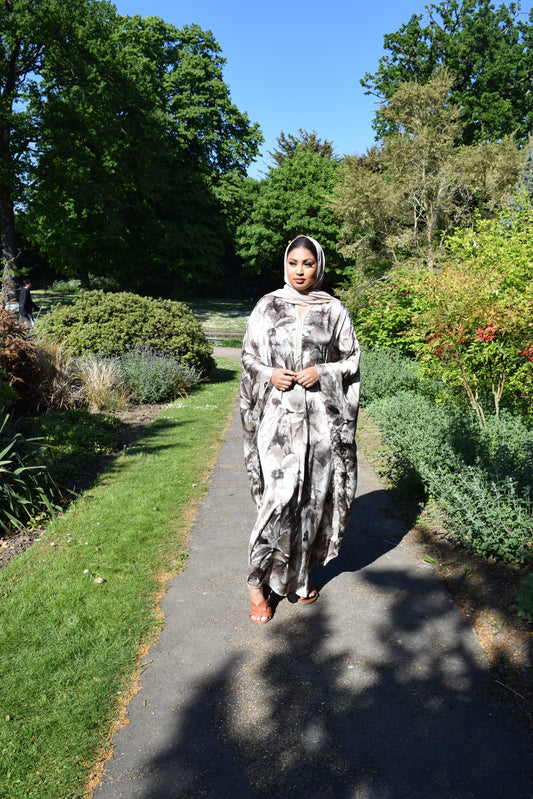 Floral Summer watercolour Farasha Abaya in Fine Crinkle Taupe Greys