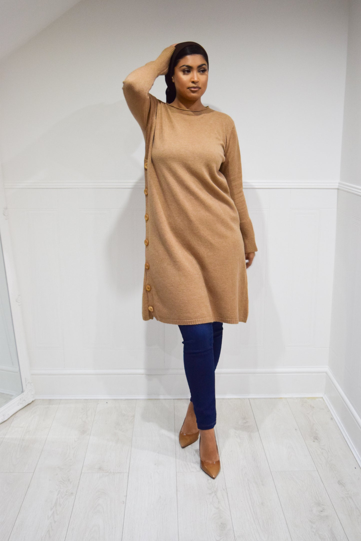 A-Line Buttoned Knit dress Caramel