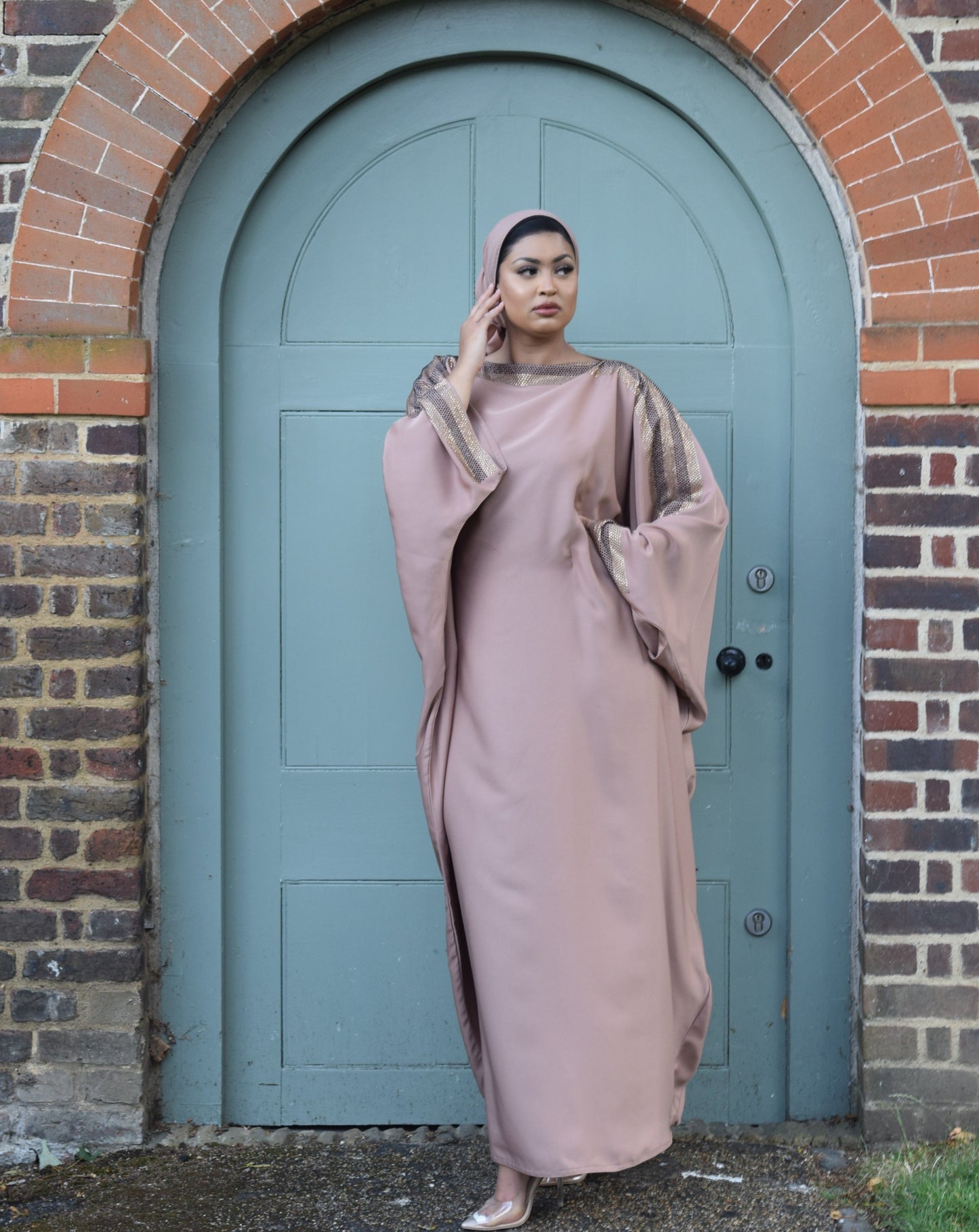 Nihal Modest Batwing Abaya in embellished light Mocha