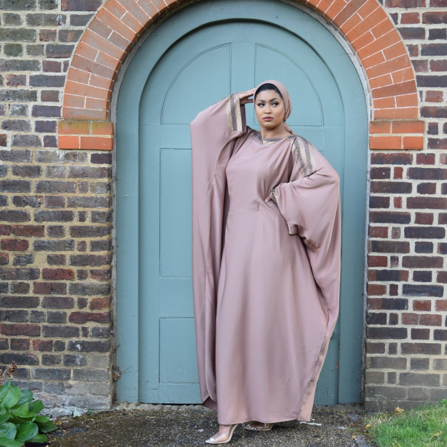 Nihal Modest Batwing Abaya in embellished light Mocha