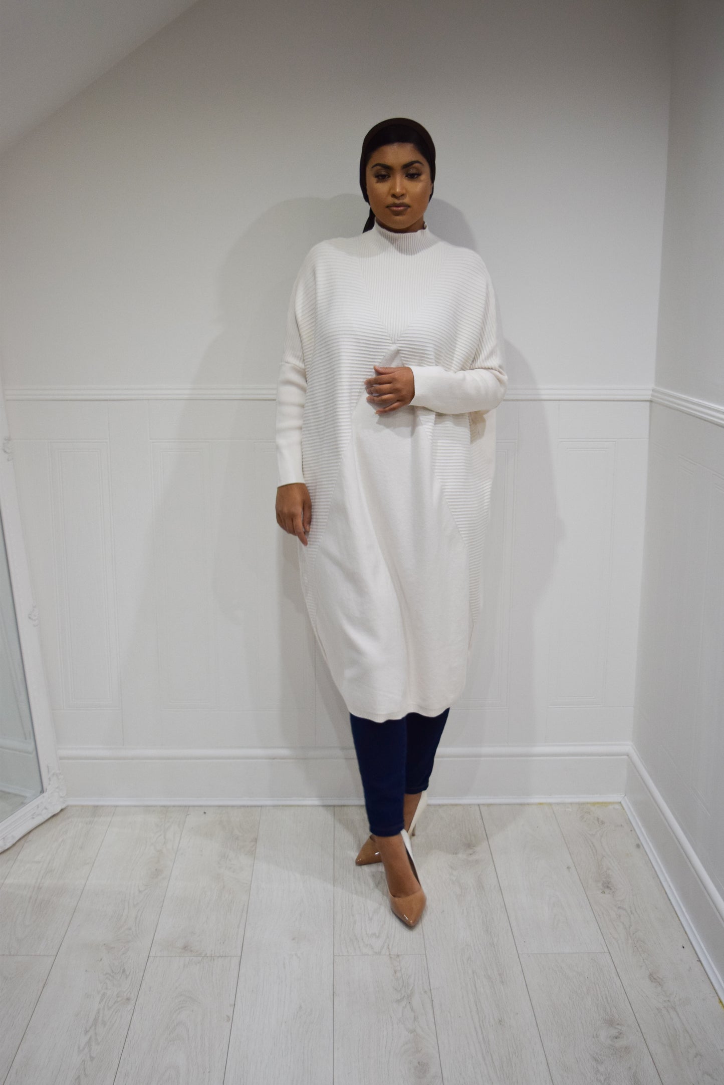 Batwing Knit Knee Jumper Ecru White