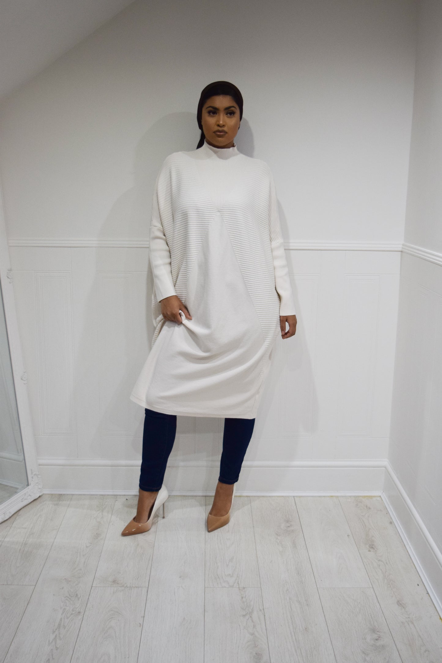 Batwing Knit Knee Jumper Ecru White