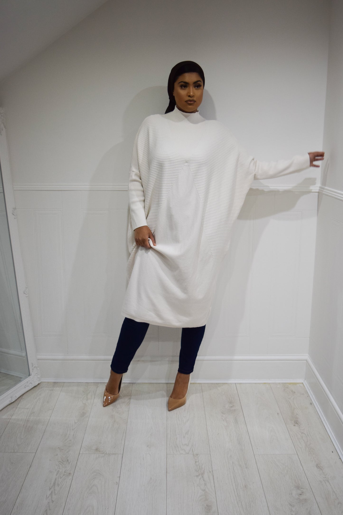 Batwing Knit Knee Jumper Ecru White