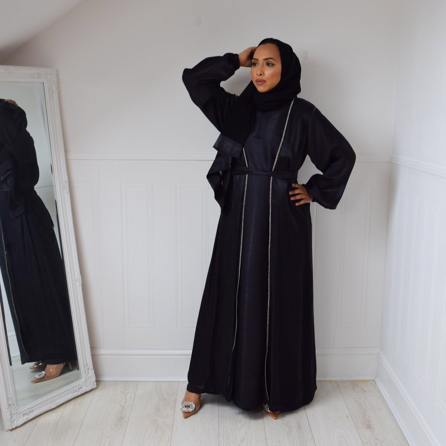 Malak Twin abaya set in shimmer Black and Silver trim