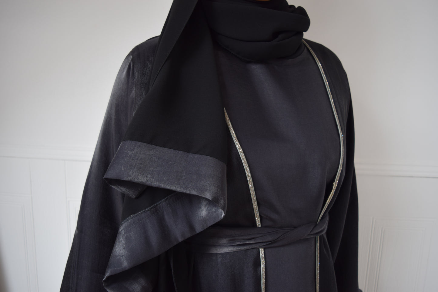 Malak Twin abaya set in shimmer Black and Silver trim