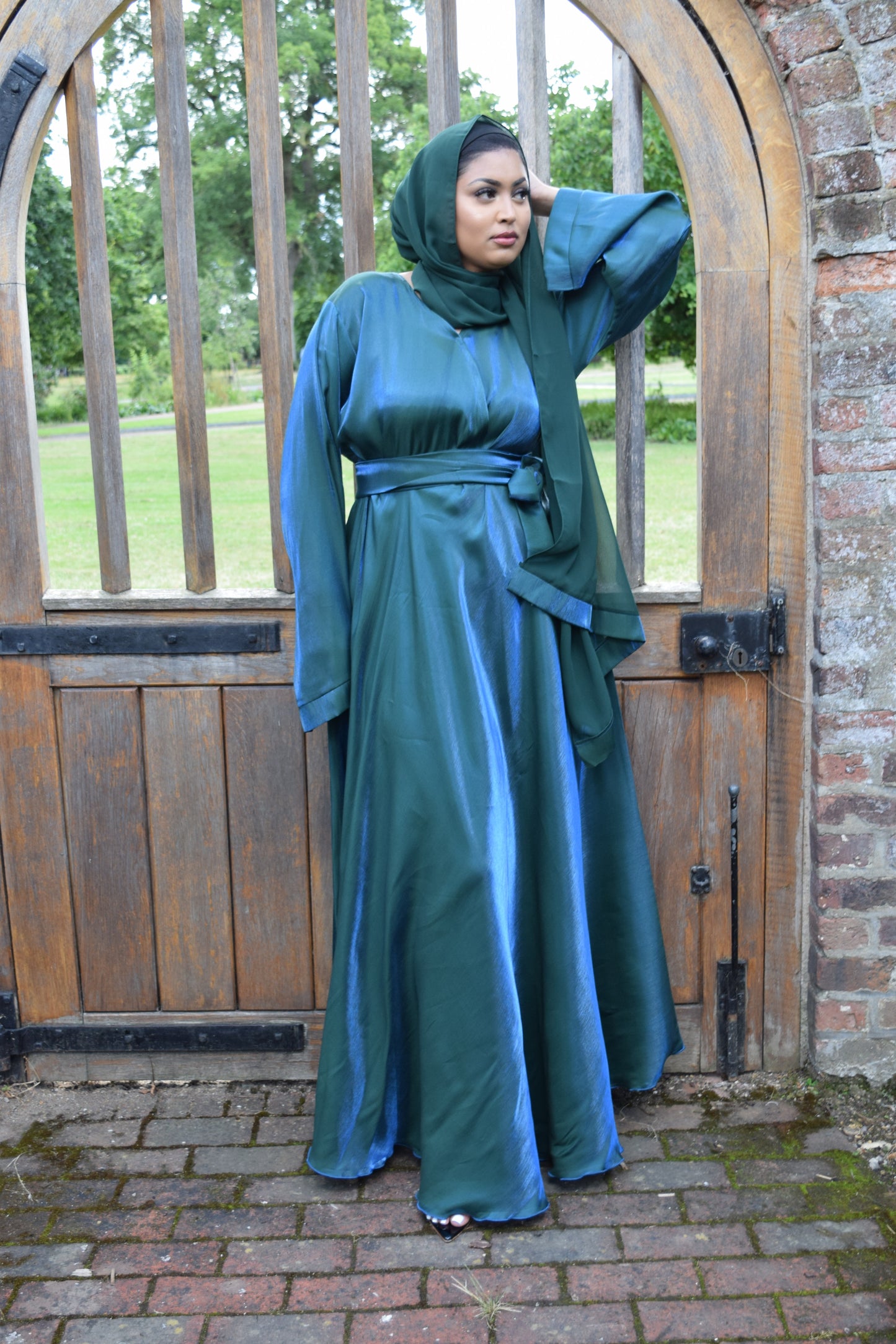 Amalia Wrap Forest Green Shimmer Flare Abaya