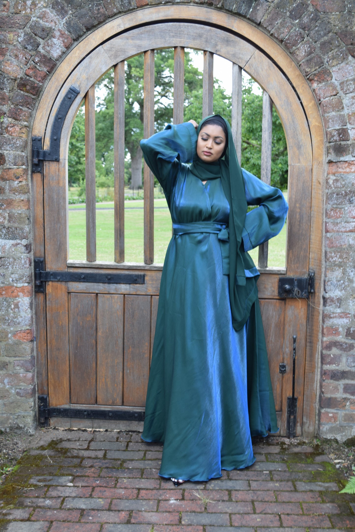 Amalia Wrap Forest Green Shimmer Flare Abaya