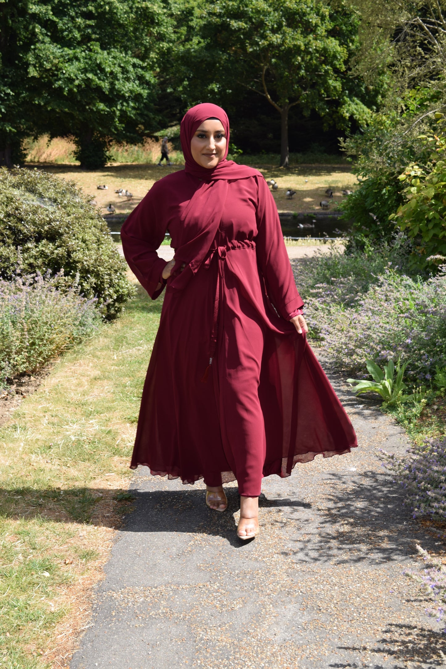Reem Chiffon Open Jacket Abaya with Satin inner in Berry -  3 piece set