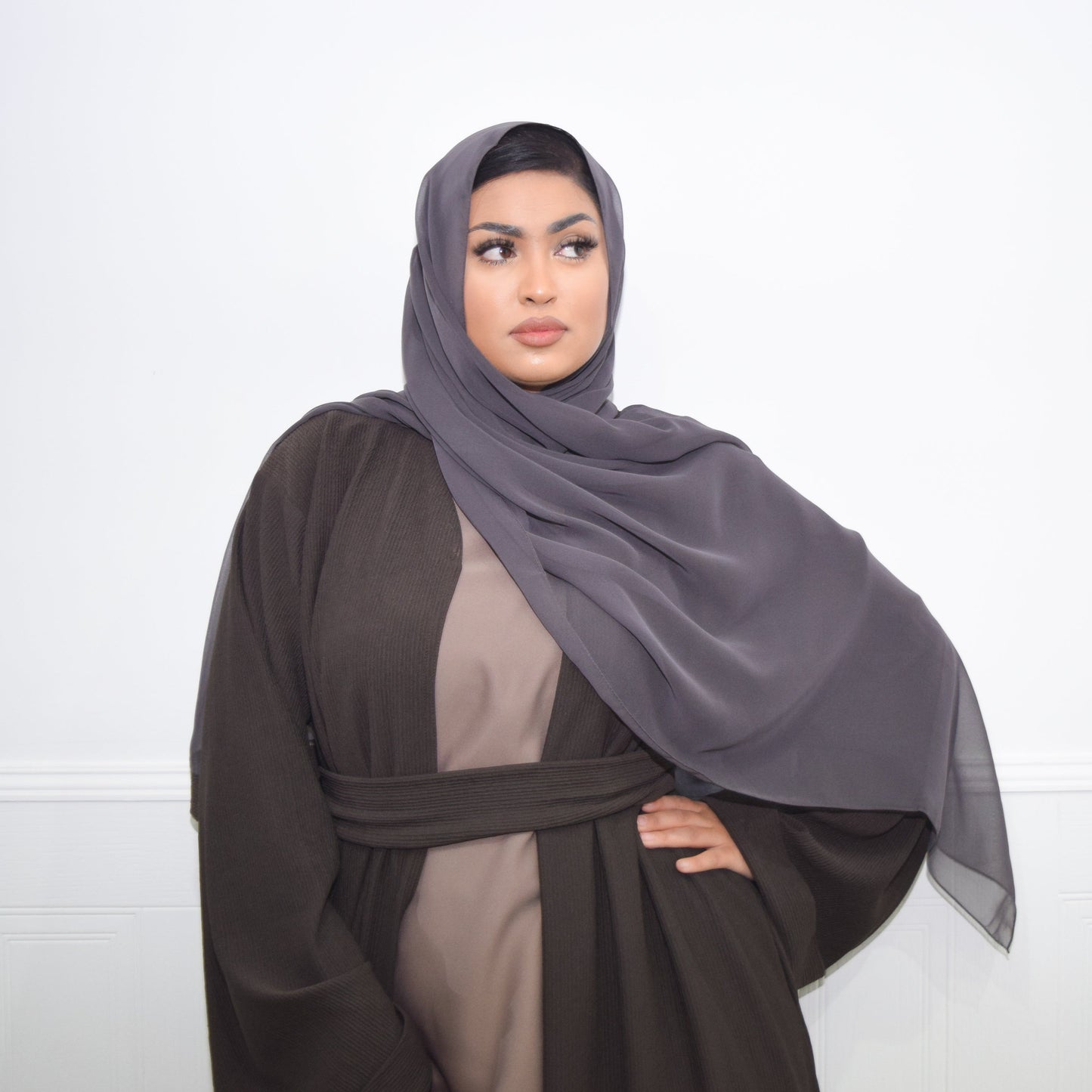 Hannah textured ribbed Open A-line kimono Abaya Jacket with pockets in Espresso