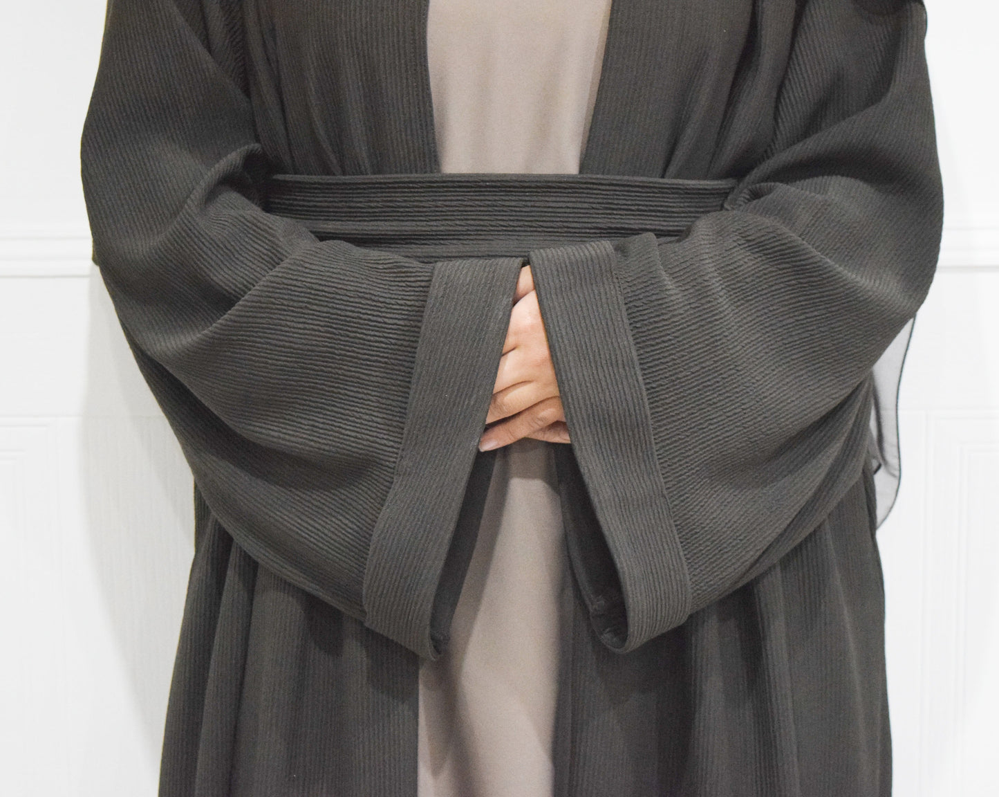 Hannah textured ribbed Open A-line kimono Abaya Jacket with pockets in Espresso