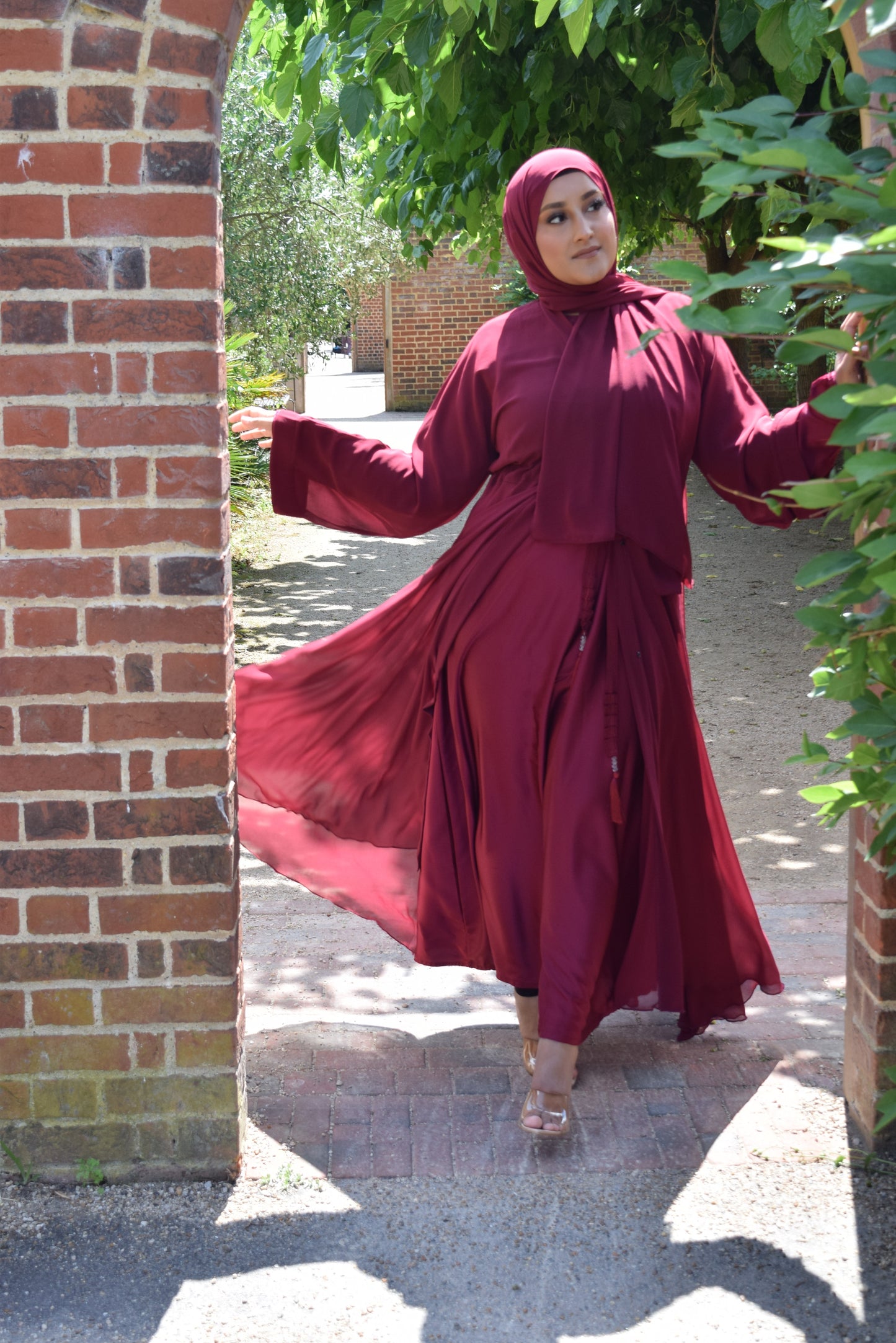 Reem Chiffon Open Jacket Abaya with Satin inner in Berry -  3 piece set
