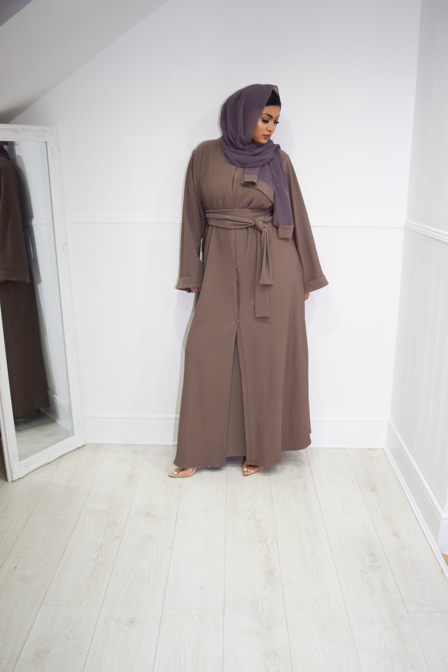 Hannah textured ribbed Open A-line kimono Abaya Jacket with pockets in Taupe