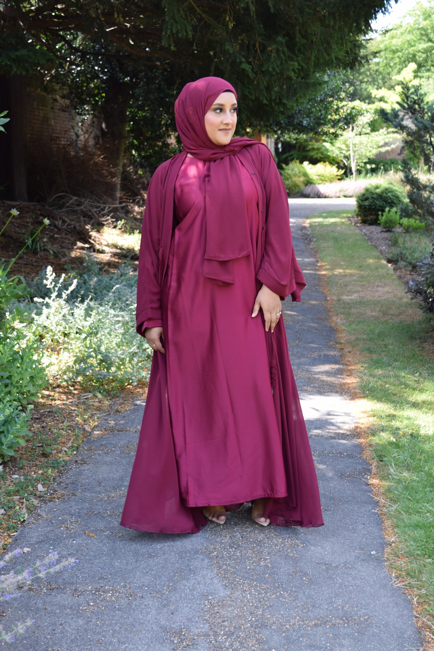 Reem Chiffon Open Jacket Abaya with Satin inner in Berry -  3 piece set