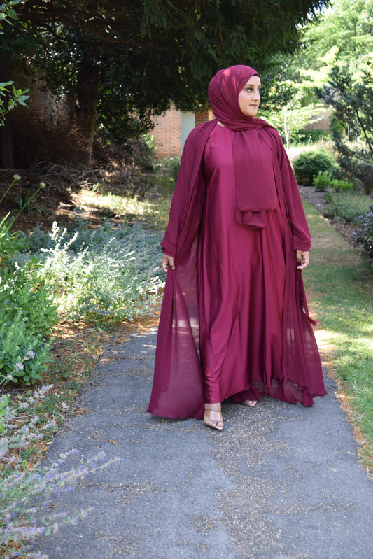 Reem Chiffon Open Jacket Abaya with Satin inner in Berry -  3 piece set