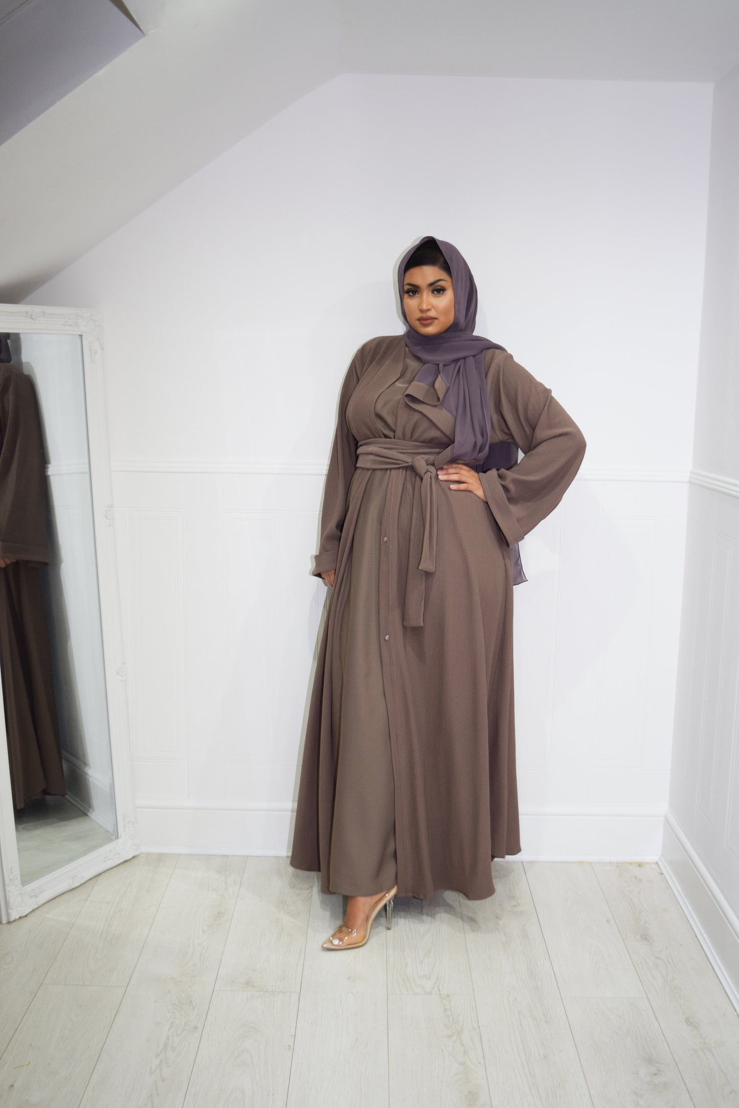 Hannah textured ribbed Open A-line kimono Abaya Jacket with pockets in Taupe