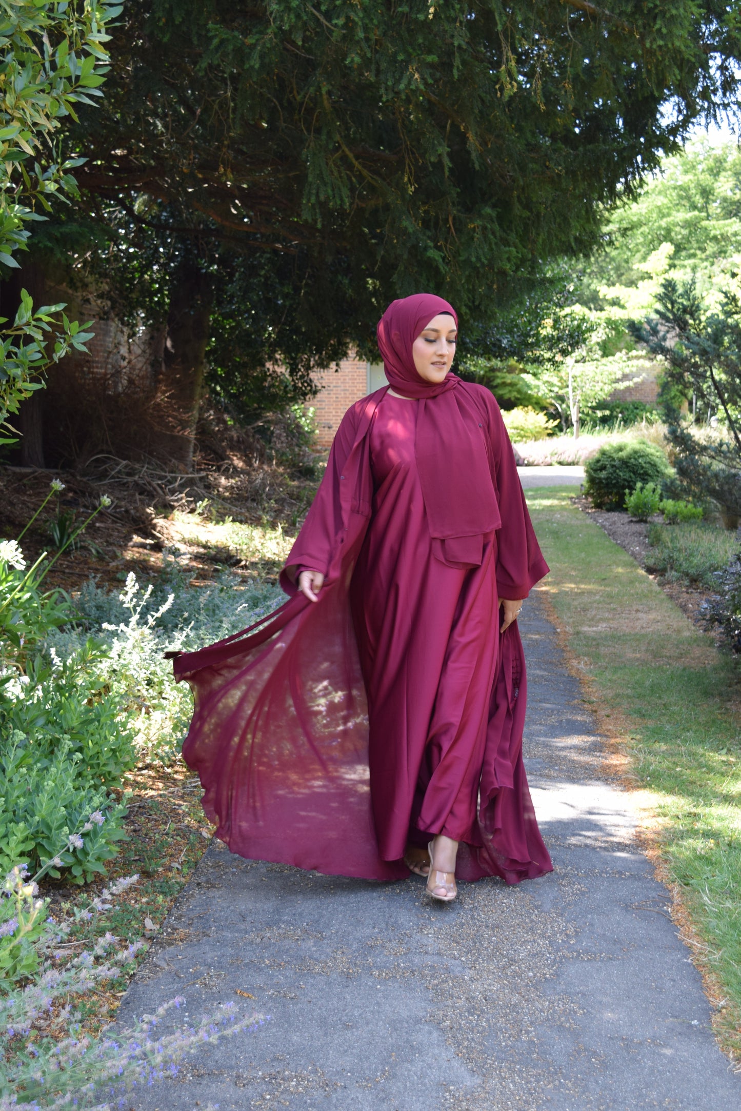 Reem Chiffon Open Jacket Abaya with Satin inner in Berry -  3 piece set