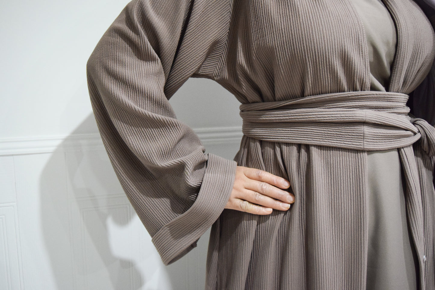 Hannah textured ribbed Open A-line kimono Abaya Jacket with pockets in Taupe