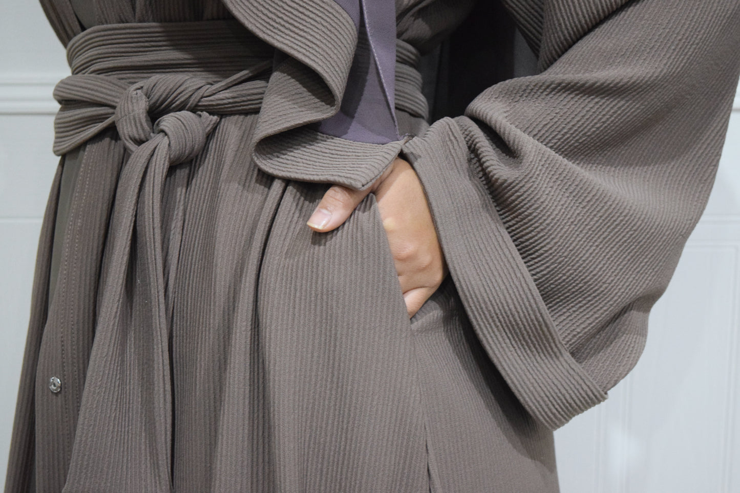 Hannah textured ribbed Open A-line kimono Abaya Jacket with pockets in Taupe