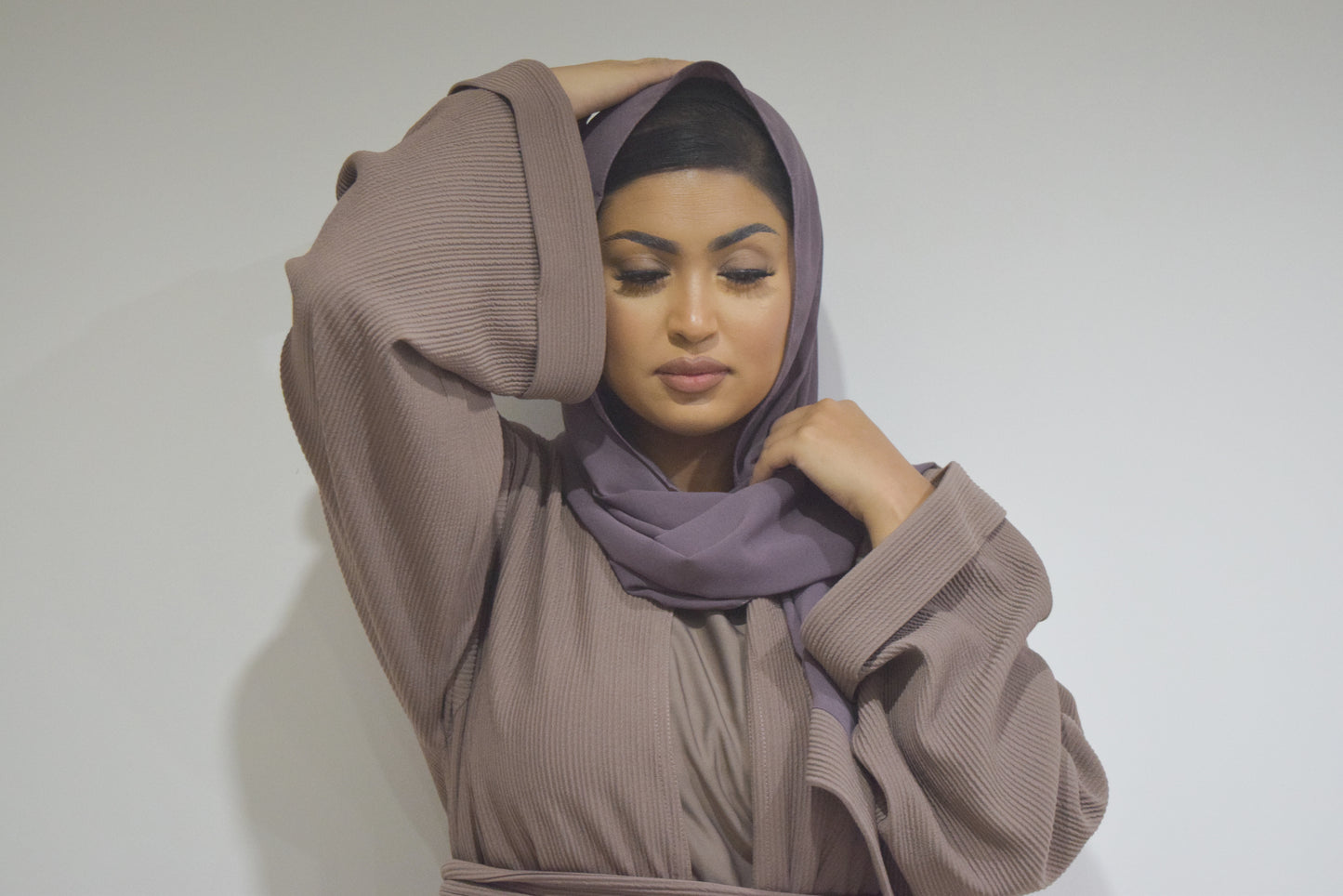 Hannah textured ribbed Open A-line kimono Abaya Jacket with pockets in Taupe