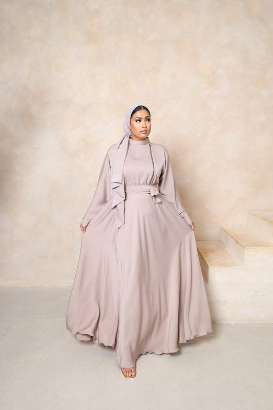 Habiba zip flare abaya Pebble in Fine Crinkle