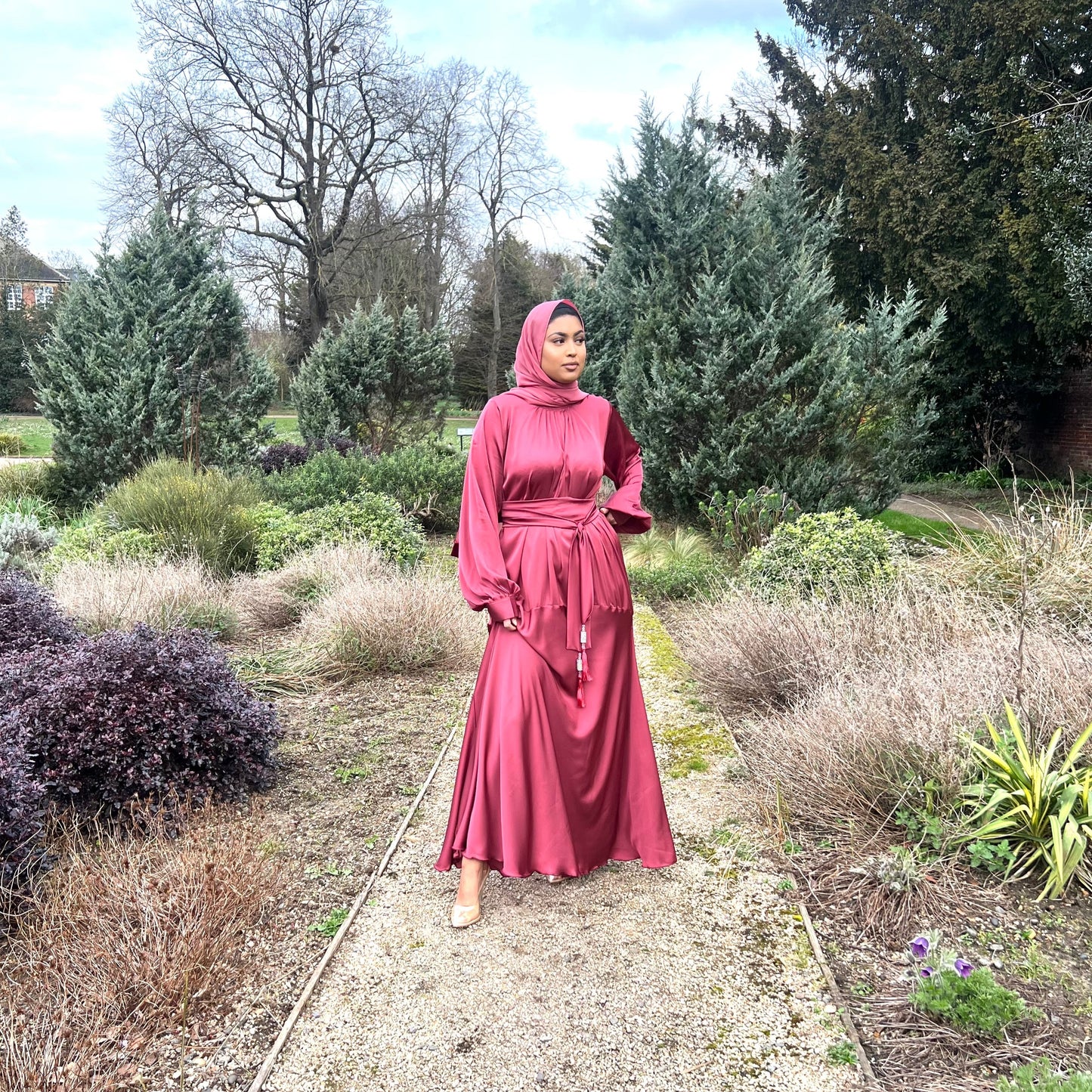 Maariah Asymmetric Satin Abaya in Rose Blush with diamante tassel embellishments