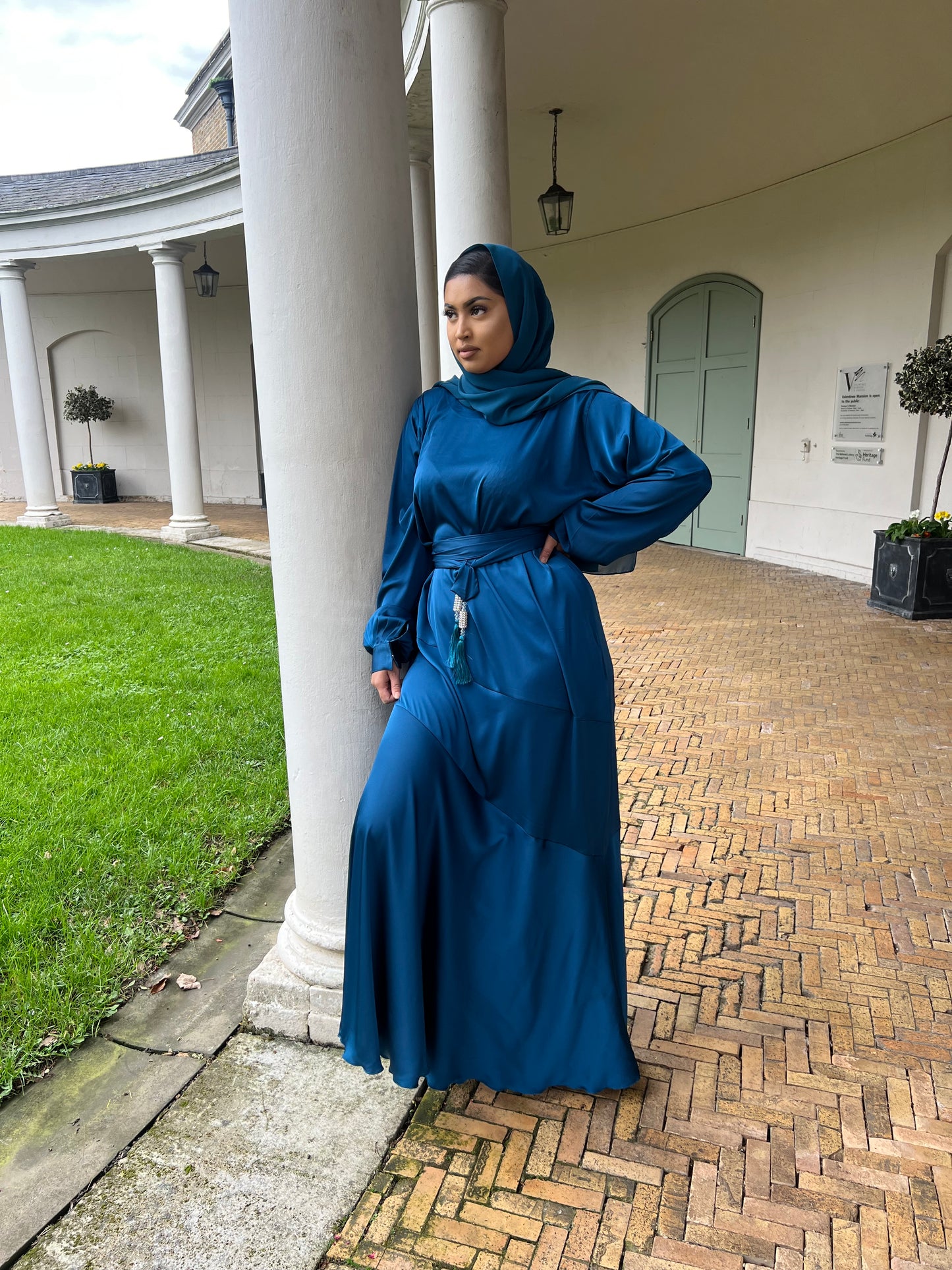 Alisha Asymmetric Satin Abaya in Teal Blue with diamante tassel embellishments