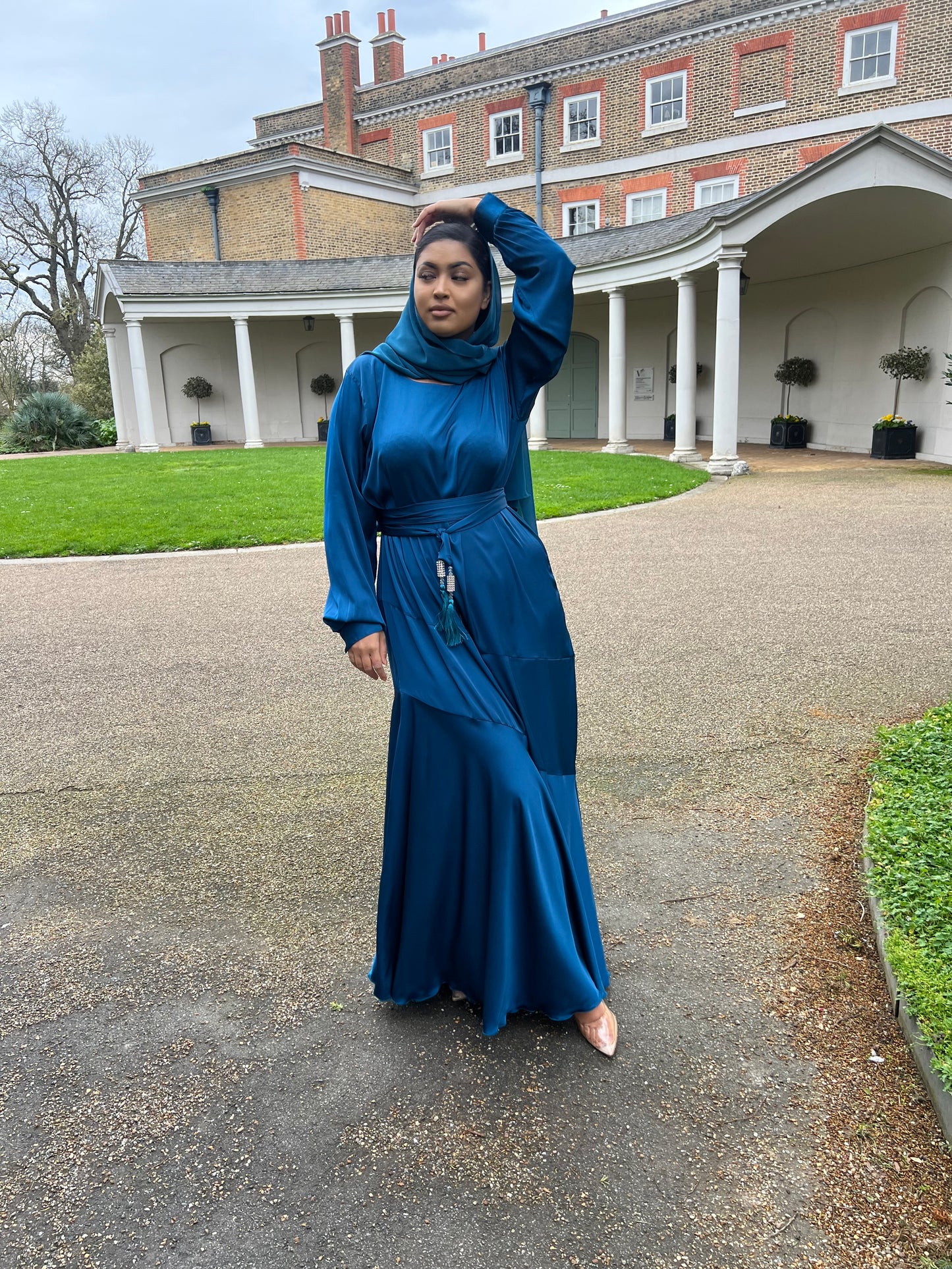 Alisha Asymmetric Satin Abaya in Teal Blue with diamante tassel embellishments