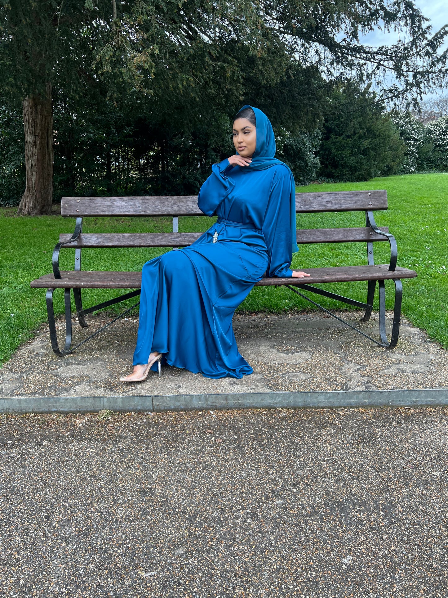 Alisha Asymmetric Satin Abaya in Teal Blue with diamante tassel embellishments