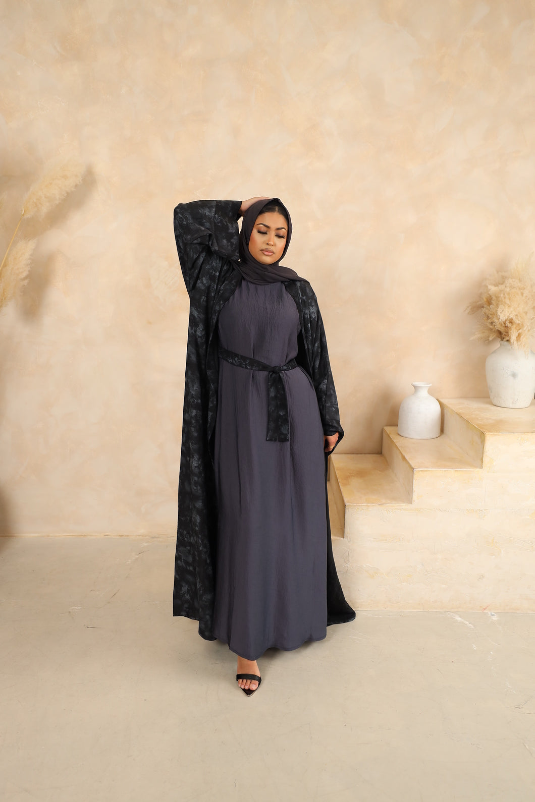 Tie dye A-line Open Jacket Abaya in Midnight Black -  4 piece set