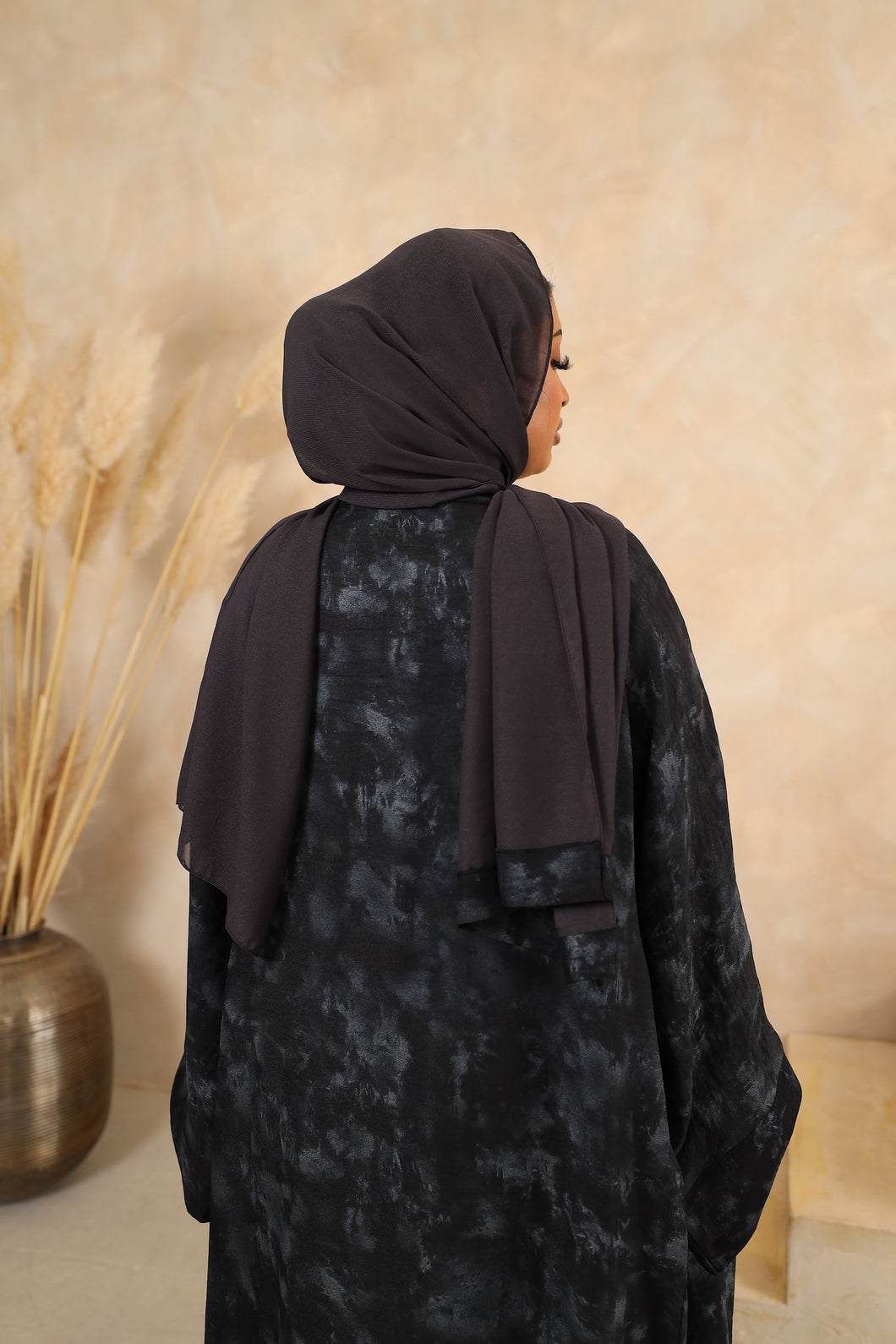 Tie dye A-line Open Jacket Abaya in Midnight Black -  4 piece set