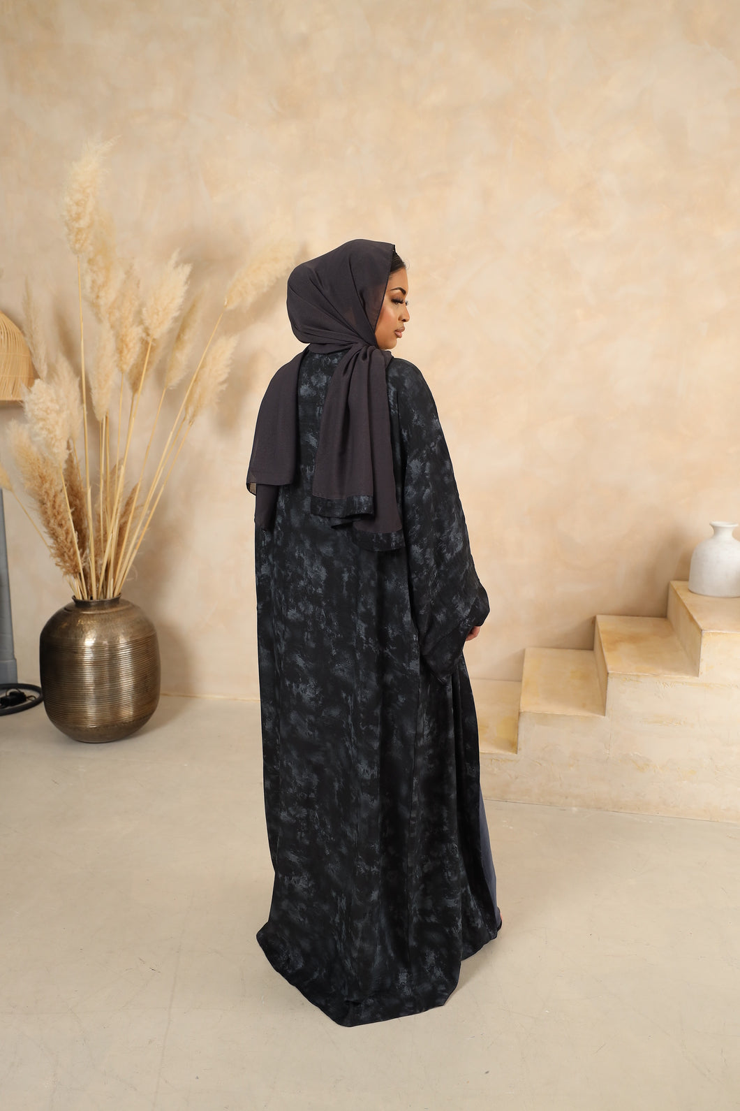 Tie dye A-line Open Jacket Abaya in Midnight Black -  4 piece set