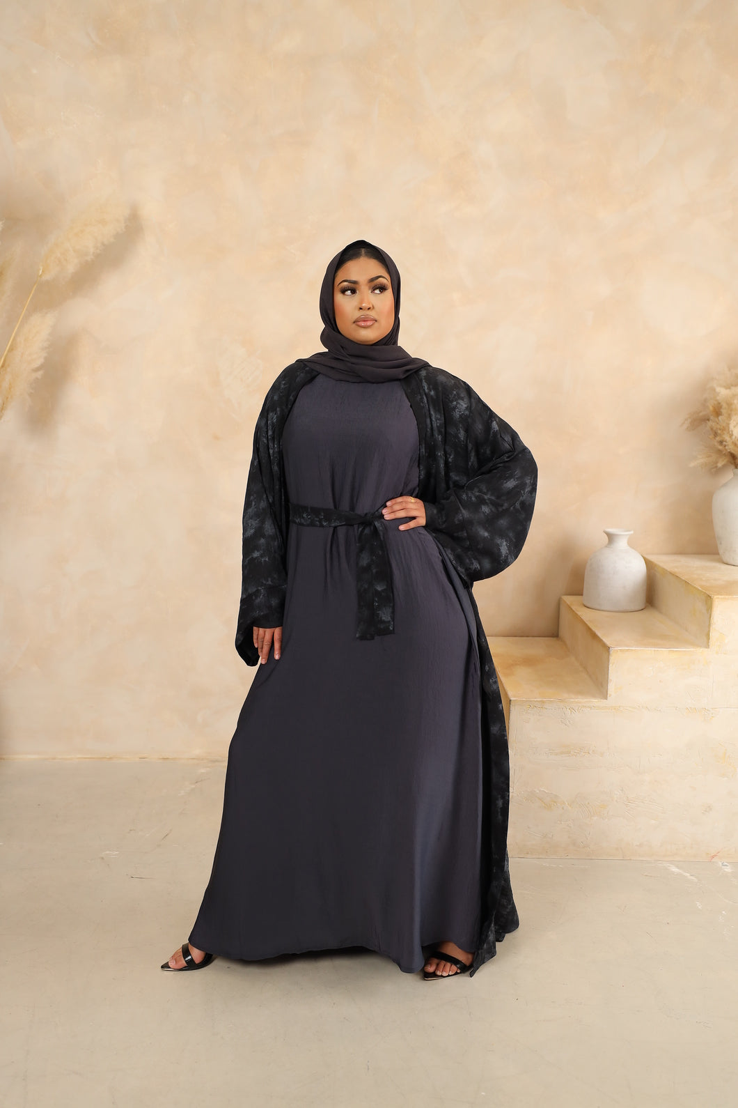 Tie dye A-line Open Jacket Abaya in Midnight Black -  4 piece set