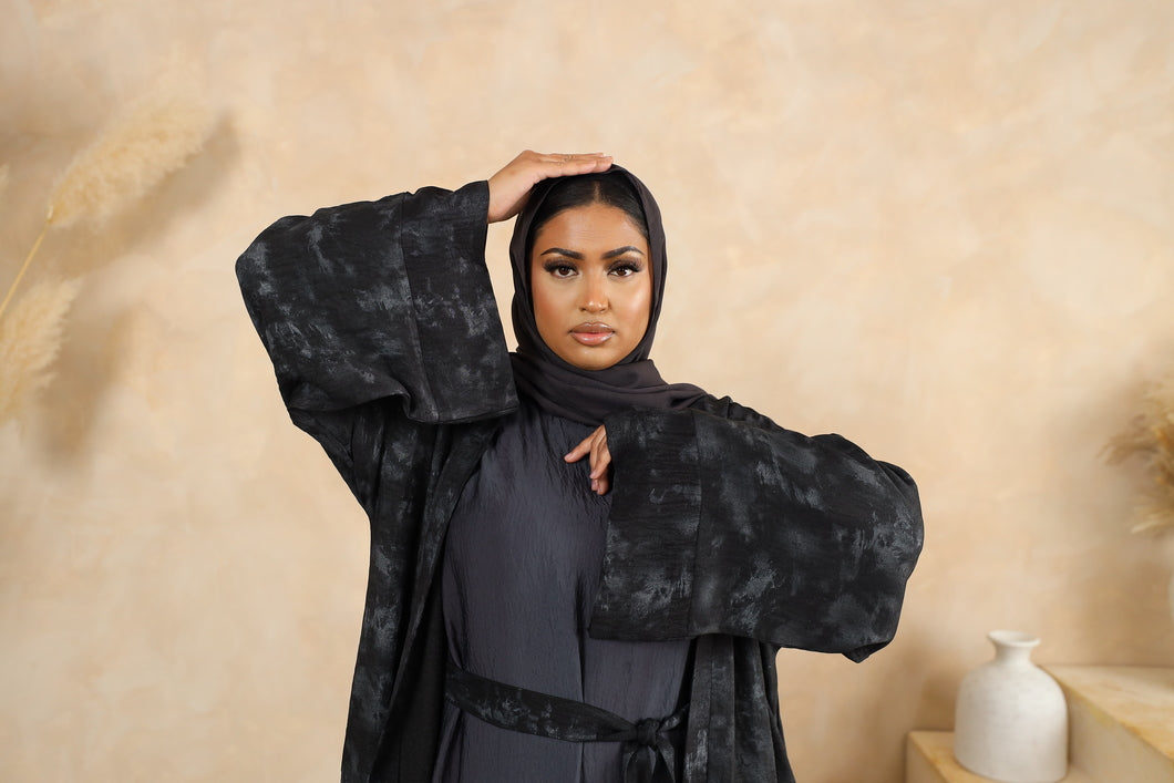 Tie dye A-line Open Jacket Abaya in Midnight Black -  4 piece set
