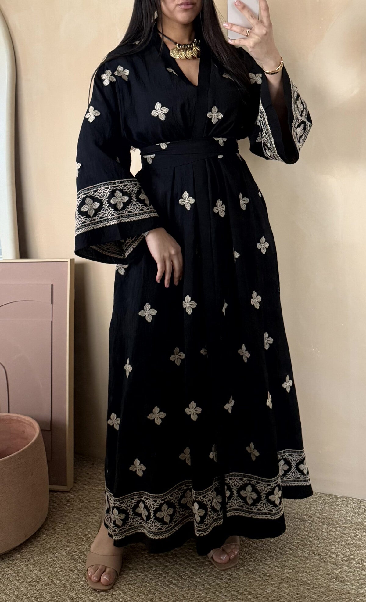Modest Maxi dress in Black with floral embroidery