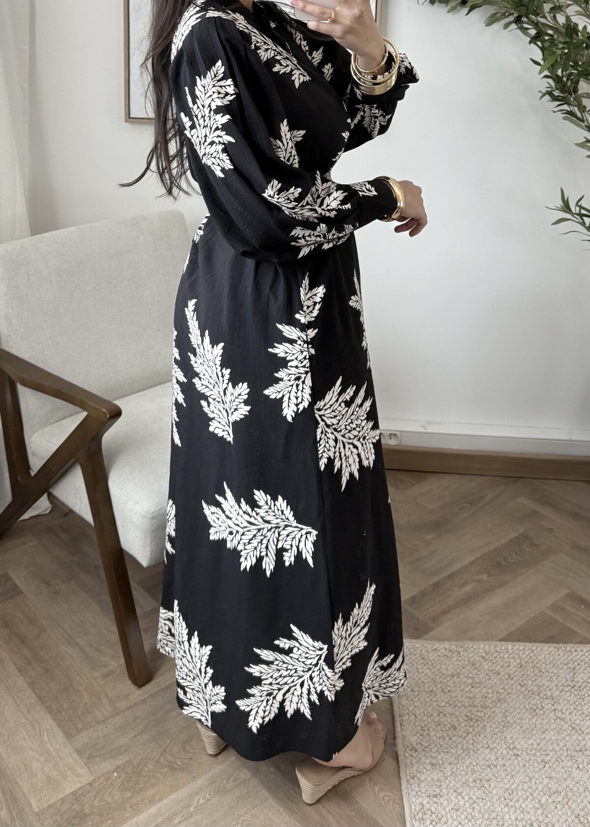 Modest Maxi shirt dress in Black with white florals & Pockets
