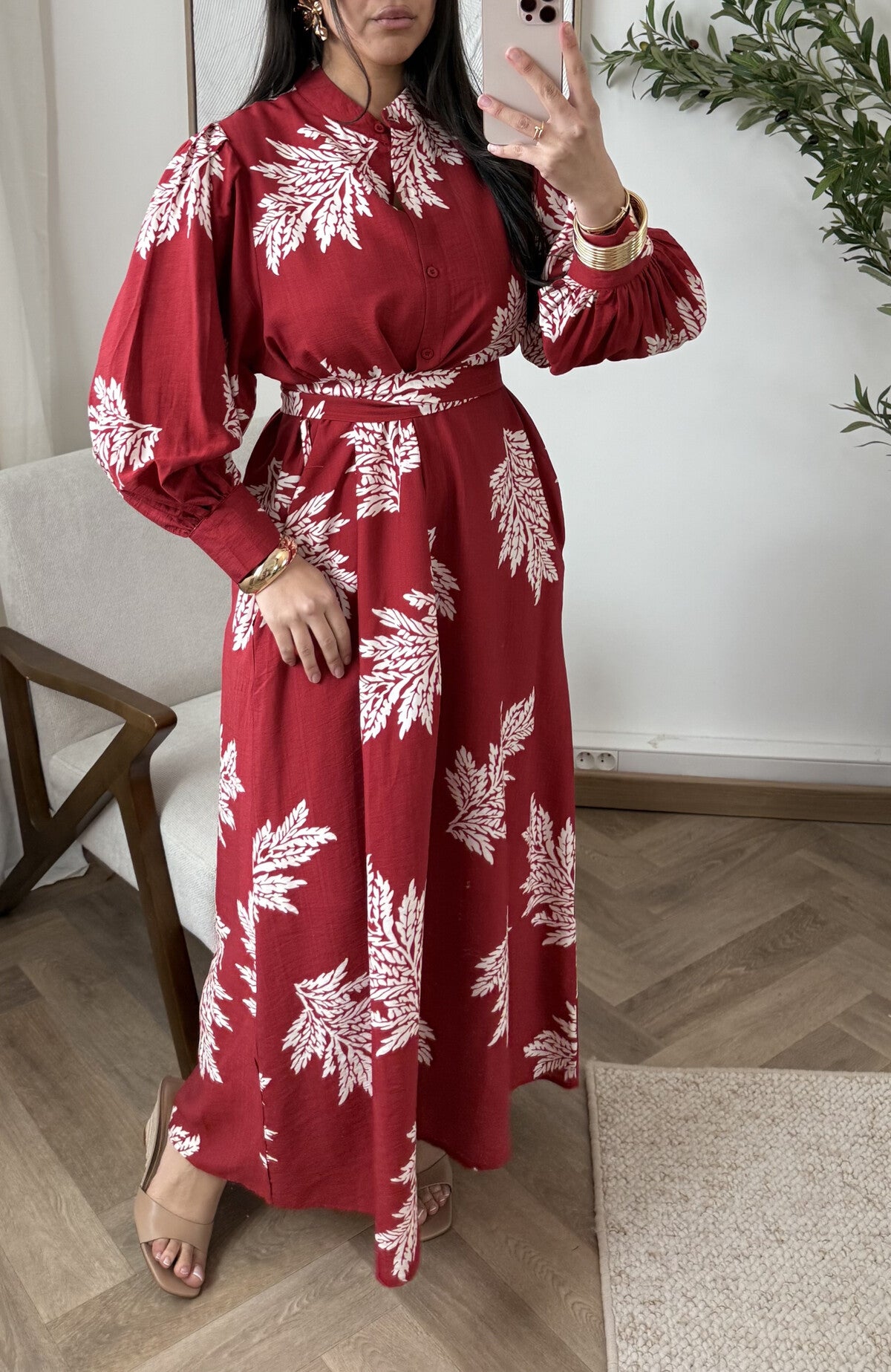 Modest Maxi shirt dress in Apple Red with white florals & Pockets